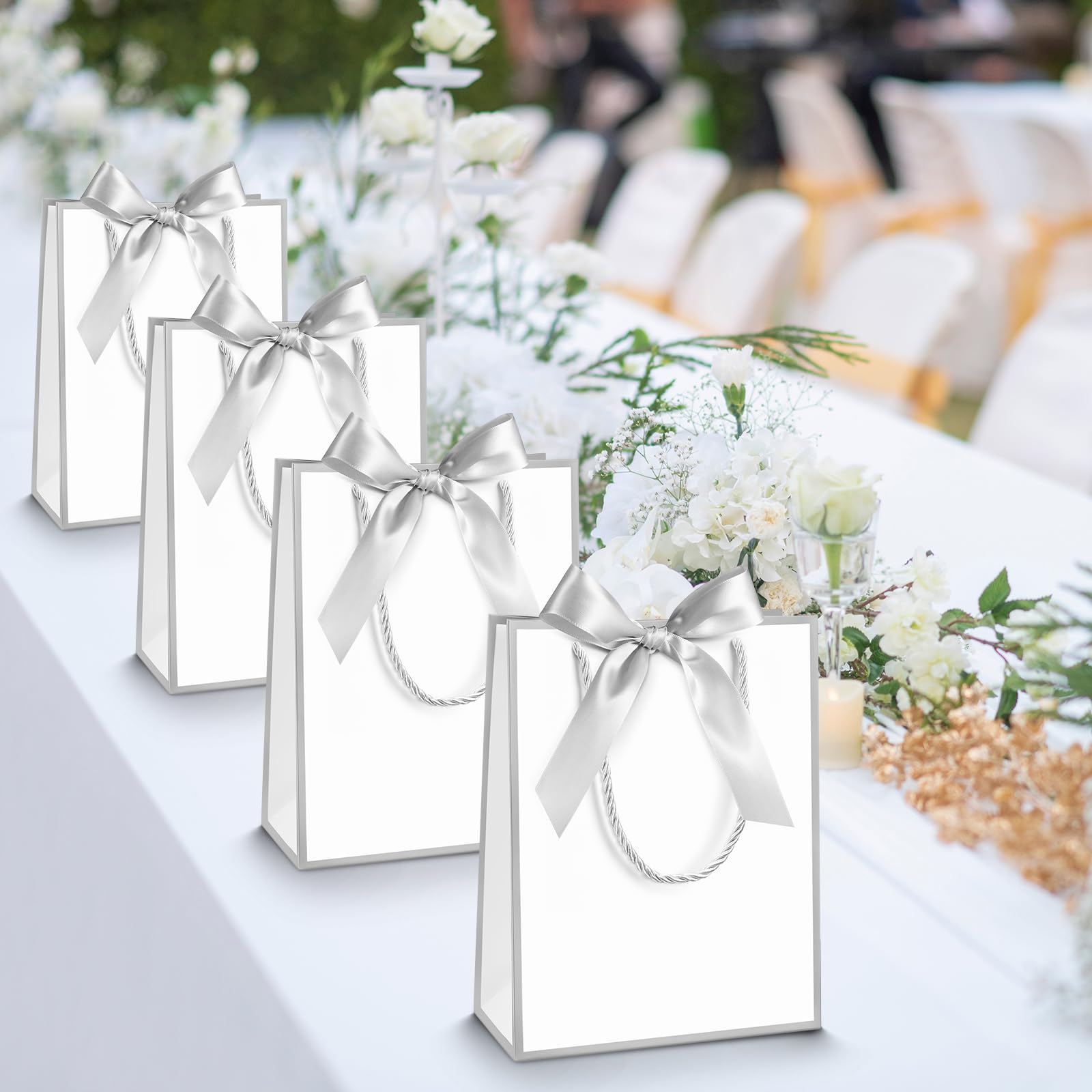 Silkfly 12 Pcs Wedding Paper Gift Bags with Handle 9x7x3.15'' Thank You Gifts Bags with Ribbon Bow Bridal Shower Gifts for Baby Shower Graduation Holiday Birthday Party Supplies (White,Silver)