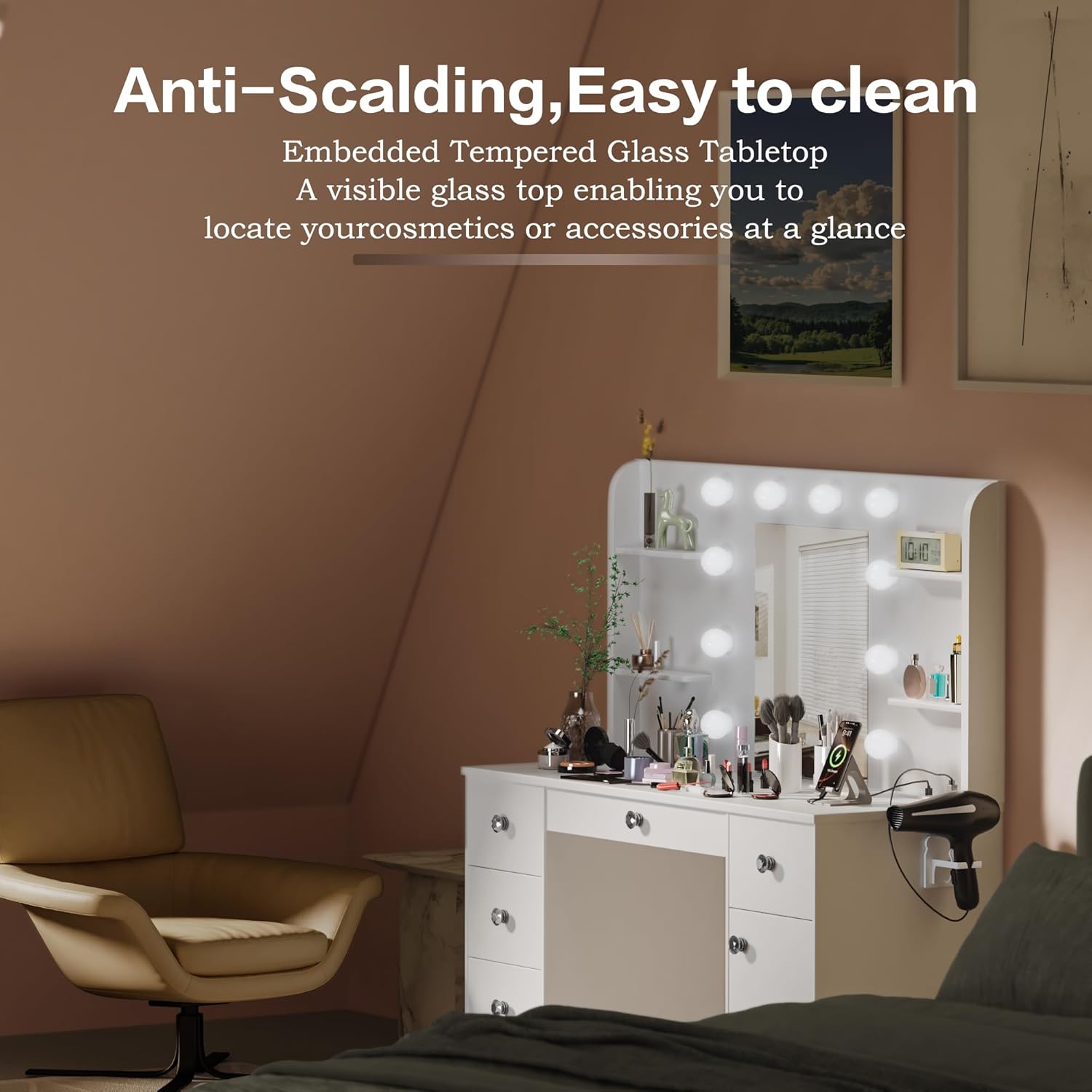 Vanity Desk, Makeup Vanity with Mirror and 3 Clolors Lights,Power Outlet Dressing Table with 5 Drawers and 6 Storage Shelves，for Bedroom Dressing Room (White)