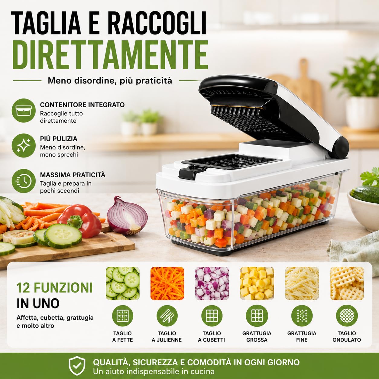 Mandolina per Verdure con 12 Accessori | Lame Intercambiabili in Acciaio Inox | Contenitore Trasparente | Tritatutto Multifunzionale per Verdure