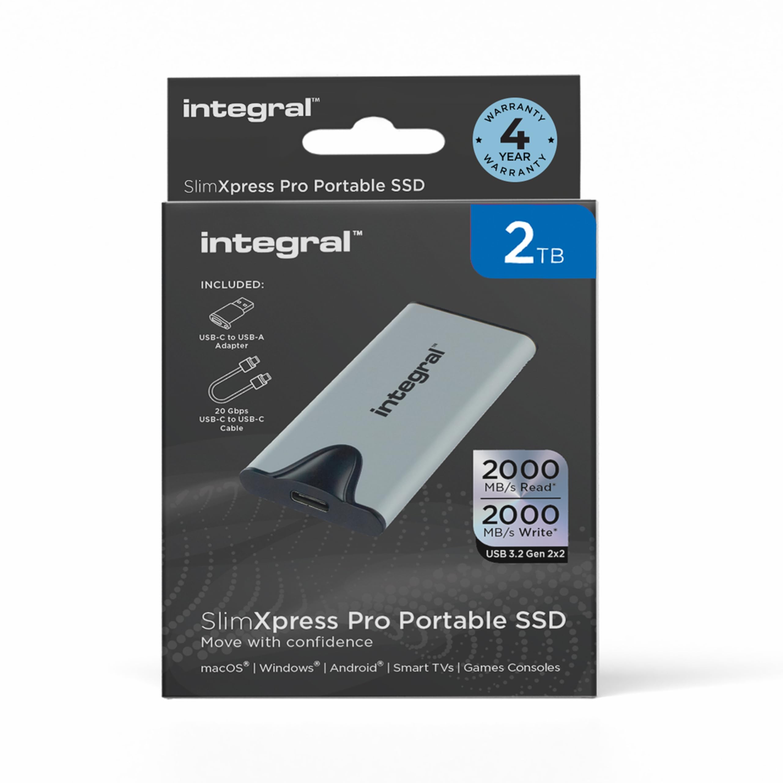 Integral SlimXpress Pro 2 to Disque Dur Externe SSD Portable : USB-C, 2000 Mo/s Lecture/Écriture, USB 3.2 Gen 2x2, Design Compact