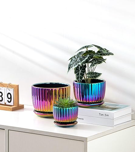 Miniatura 4 de Ton Sin Macetas de cerámica, color morado, juego de 3, pequeñas macetas esmaltadas para suculentas con orificio de drenaje, maceta de cactus con