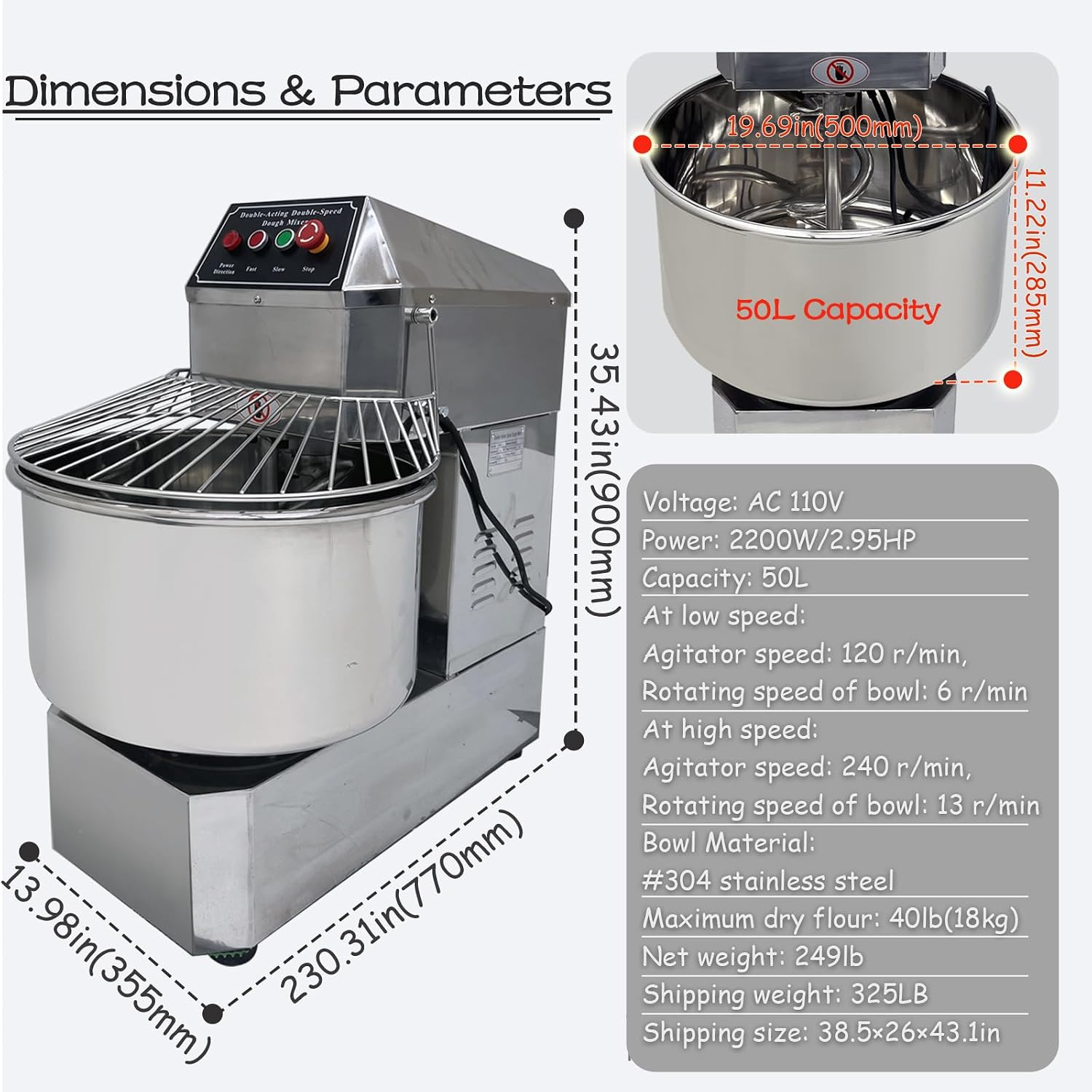 INTSUPERMAI Commercial Dough Mixer Machine Electric Food Mixer with Double Action Double Speed Spiral Mixing for Schools Bakeries Restaurants Pizzerias 110V (Standard Type, 50L)