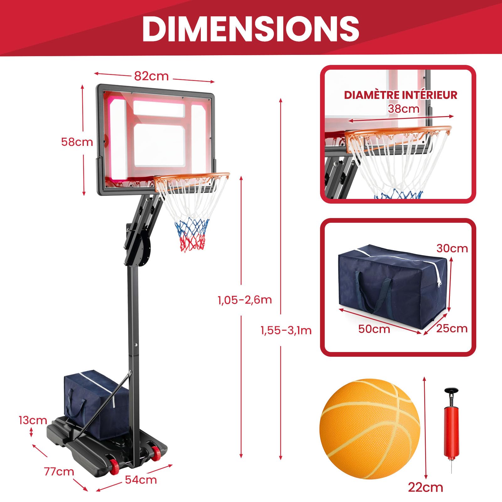 GYMAX Panier Basket Extérieur pour Adultes Enfants, Hauteur 105-260cm, Ballon & Pompe & Sac de Poids Fournis, Base Remplissable, Mobile avec Roues, Panneau Incassable