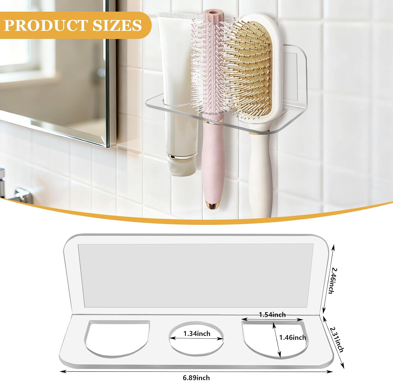 2-Pack Acrylic Hair Brush Holder Wall Mounted, Bathroom Organizer with Industrial Adhesive for Combs, Round Brushes, Hair Tools, Space Saving Design (Transparent)
