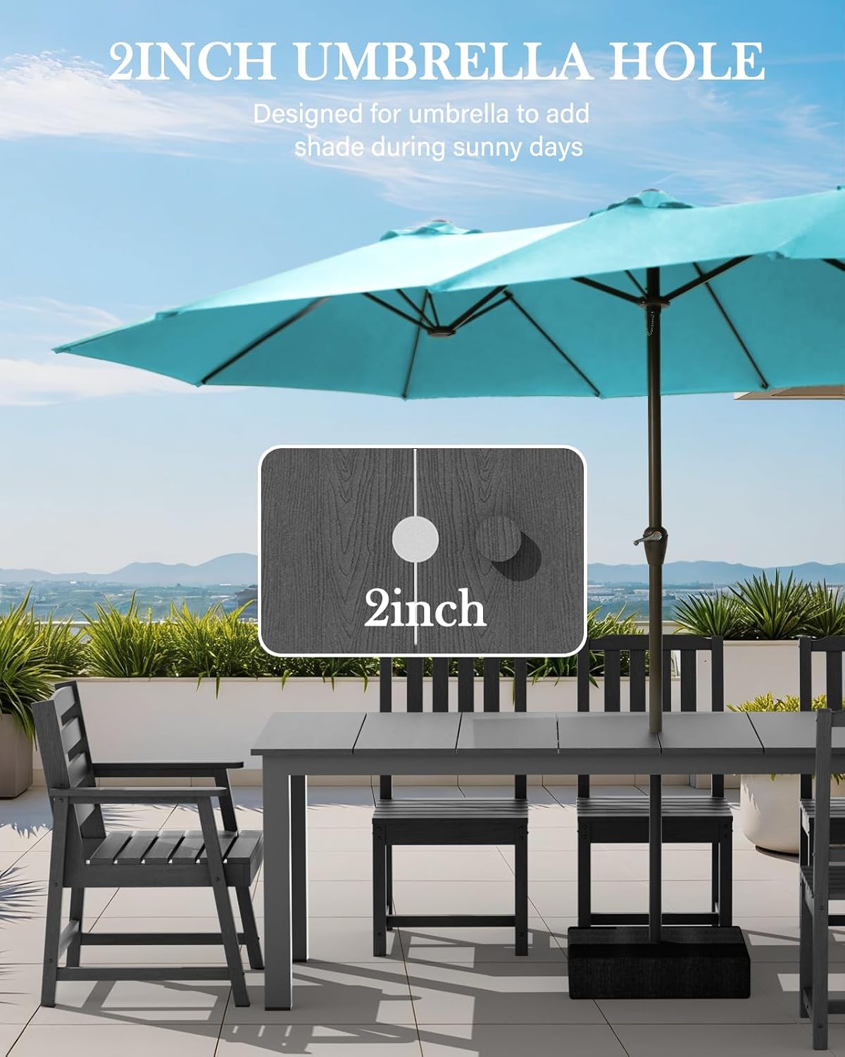 LOUNZY 9 Pieces Patio Dining Sets, Outdoor HDPE Furniture Set for 8 w/ 2" Hole Cut-Out Dining Table with 8 Patio Chairs(2 W/Armrest, 6 w/o Armrest), Gray