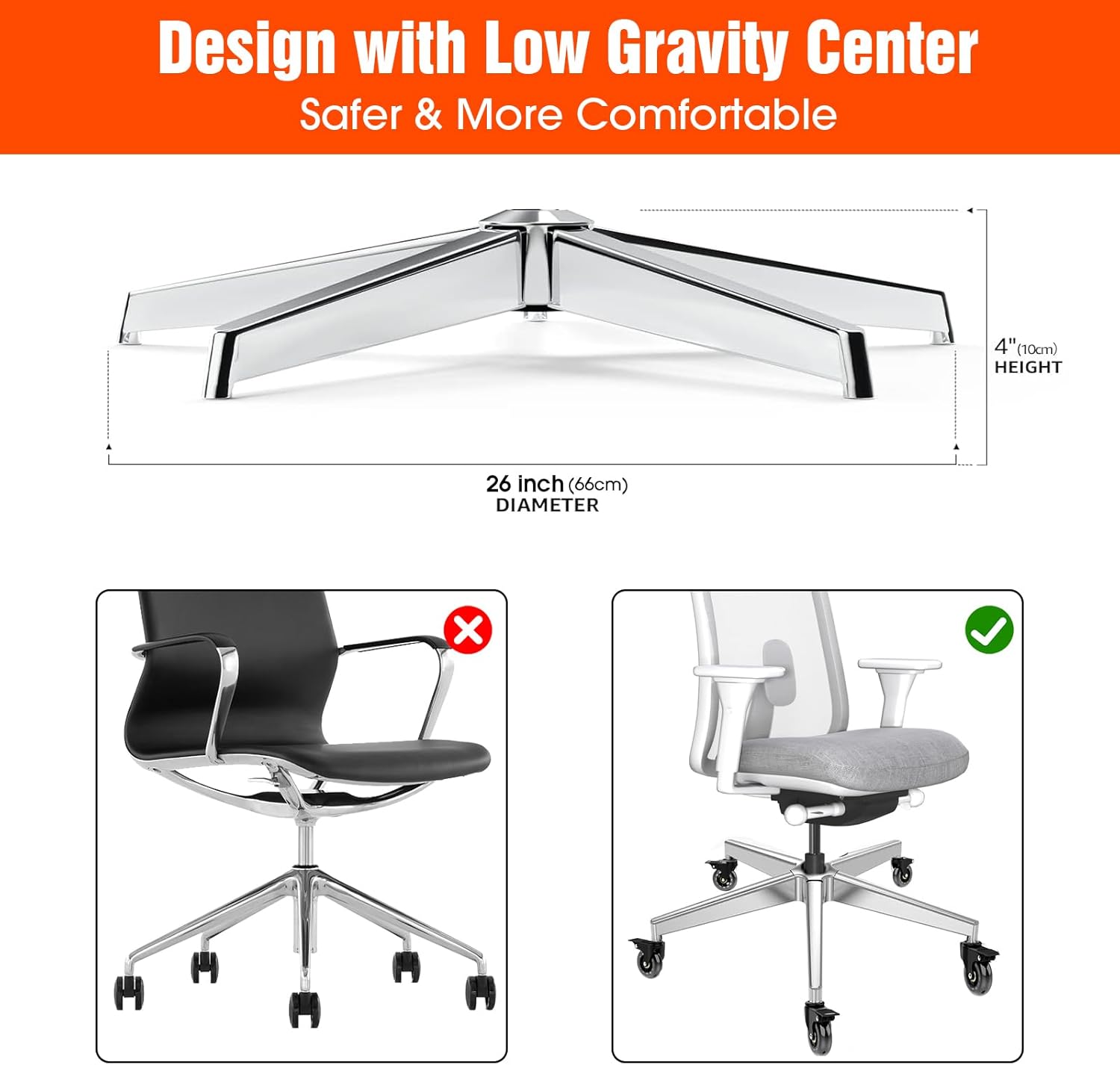 Office Chair Base Replacement (3300 lbs) - Heavy Duty Alloy Office Chairs Base Replacement, Office Chair Reinforced Metal Legs (Silver)