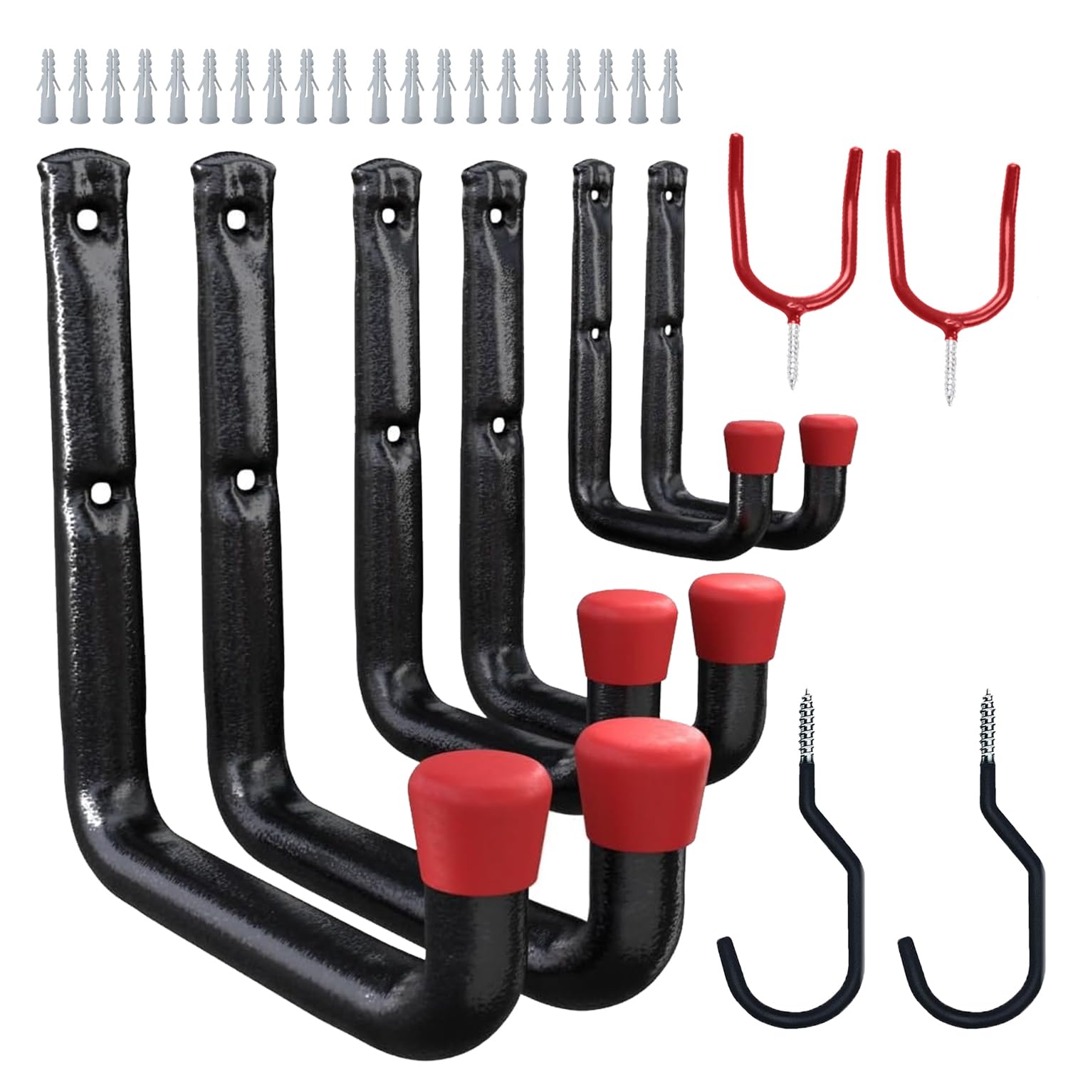 Brackit Black/Red 10X Garage Hooks Heavy Duty - 30Pc Assortment Set For Wall-Mounted Storage, Ideal For Hanging Tools, Ladders, Bikes, Hose & Garden Equipment - Includes 20X Wall Anchors & Non-Slip Coating