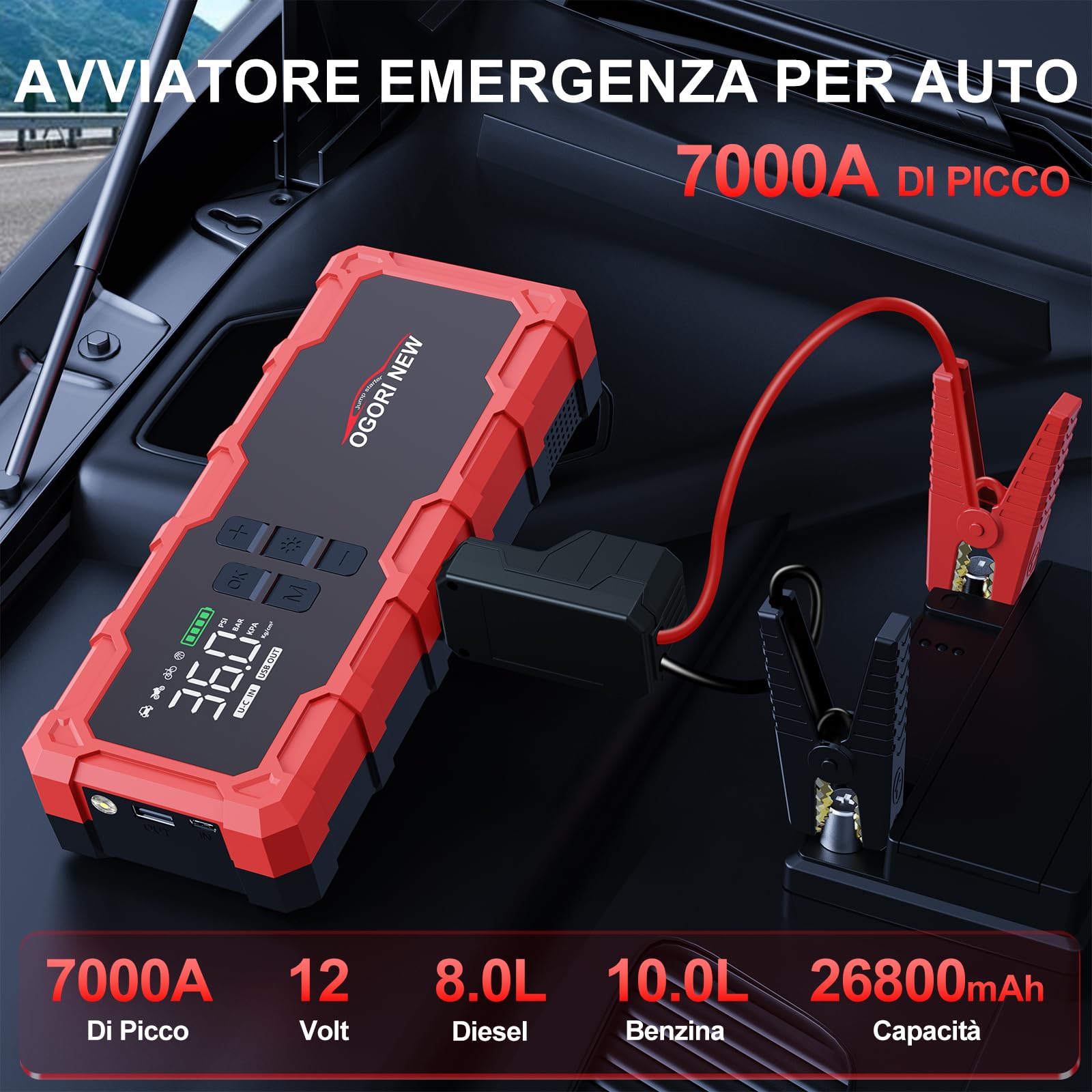 Avviatore Batteria con Compressore 150PSI,7000A Booster Avviamento Auto,Starter Batteria Auto con Torcia, Ricarica USB (8.0L Diesel/10.0L Benzina)