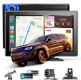 9”HD Carplay Screen for Car 4K Dash Cam&1080P Backup Camera with Apple Carplay&Android Auto Voice Control GPS DVR Call Music Message Mirror Link Airplay/Android Cast Fit Pickup T…
