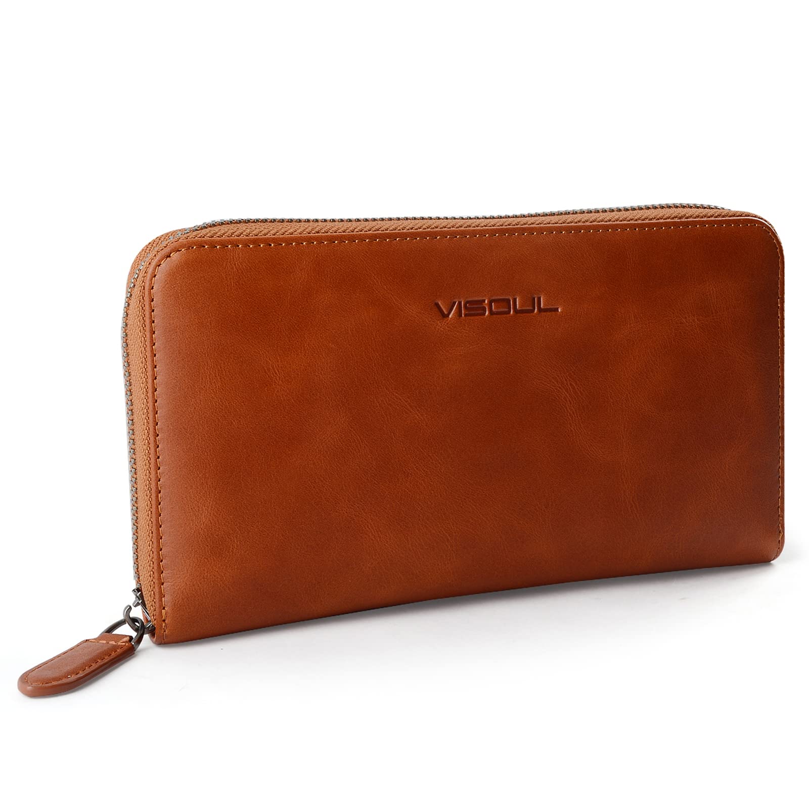 VISOUL Leather Long Zipper Pouch Wallet for Men and Women with RFID Blocking, Large Clutch Cash Long Wallet with Zipper (Orange)