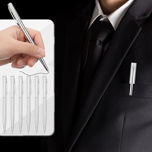 Miniatura 4 de 100 bolígrafos de metal delgado plateado de 0.039 pulgadas (0.039 in), punta media, tinta negra, escritura suave, bolígrafos retráctiles para
