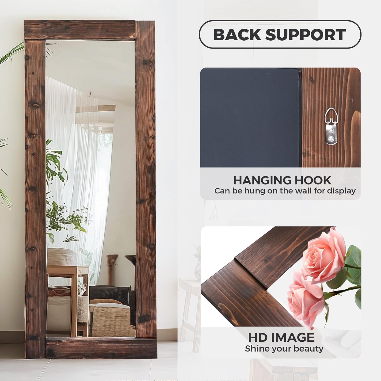 Full Length Mirror 65"x24" – Solid Wood Frame, HD Tempered Glass, Wall Mounted & Leaning, Rustic Modern Decor for Bedroom, Living Room, Entryway, Brown