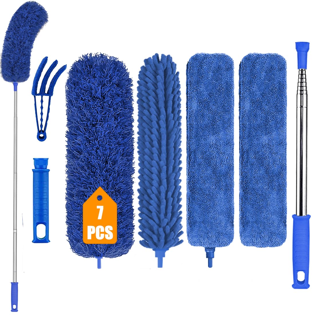 Feather Duster & Domed Cobweb Duster, High Ceiling Fan Duster Cleaning Kit with 100" Telescopic Extension Long Pole, Corner Brush and Microfiber Duster Double Replacement Duster Combination Set(Blue)