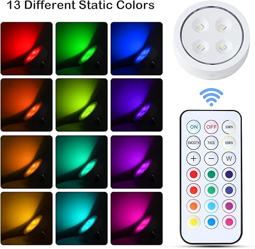 Miniatura 2 de Kingmi Paquete de 2 luces LED de empuje con control remoto inalámbrico de 13 colores RGB AA, bombilla de batería regulable, funciona con pilas,