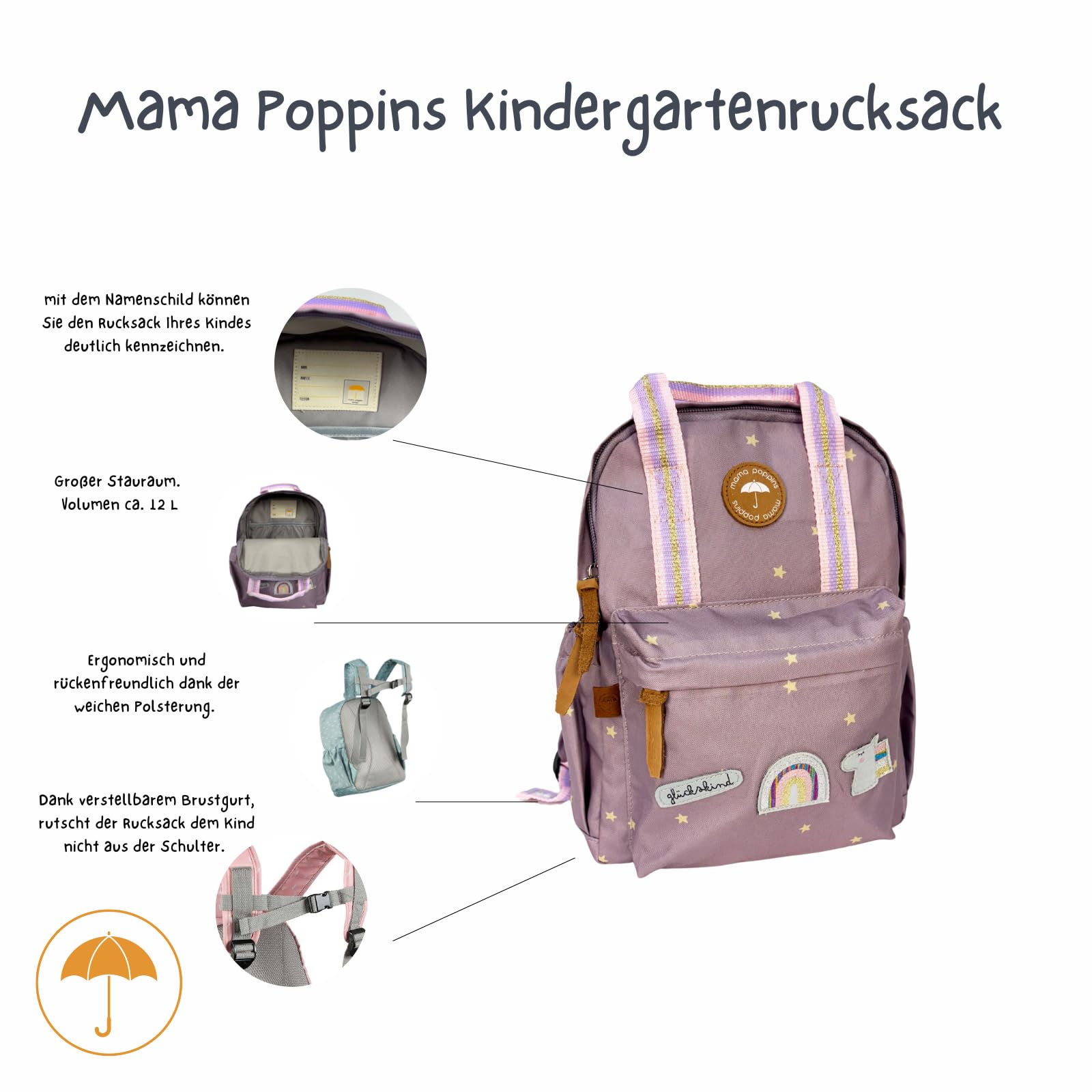 Kindergartenrucksack ab 3 Jahre | Mint mit Glückskind Patch