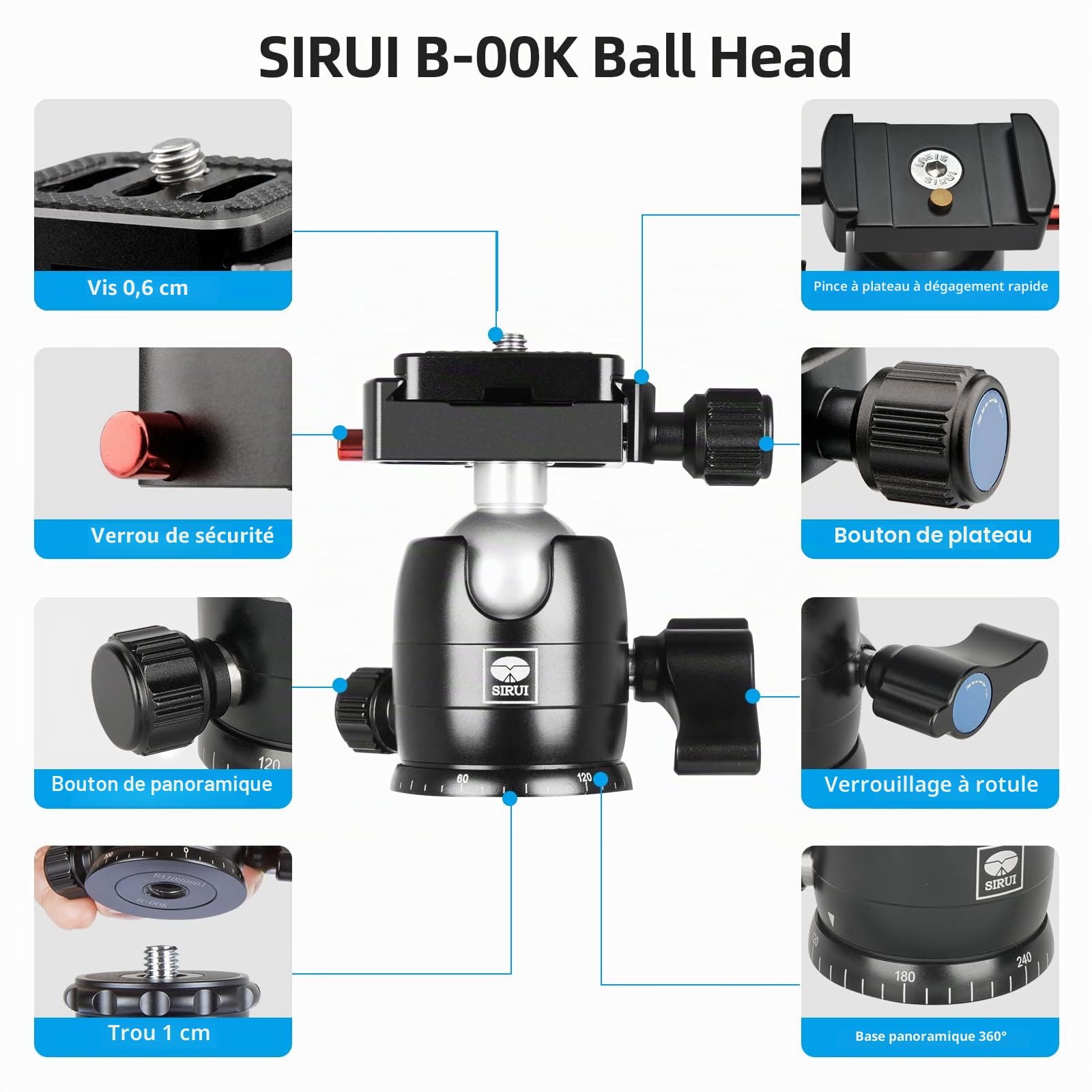 SIRUI Trépied en Fibre de Carbone avec Rotule Panoramique B-00K, 59.8'' Trépied de Voyage Compact, Jambes Pliables à l'envers à Déclenchement Rapide, Colonne Centrale Réversible, Charge Max 22lbs.