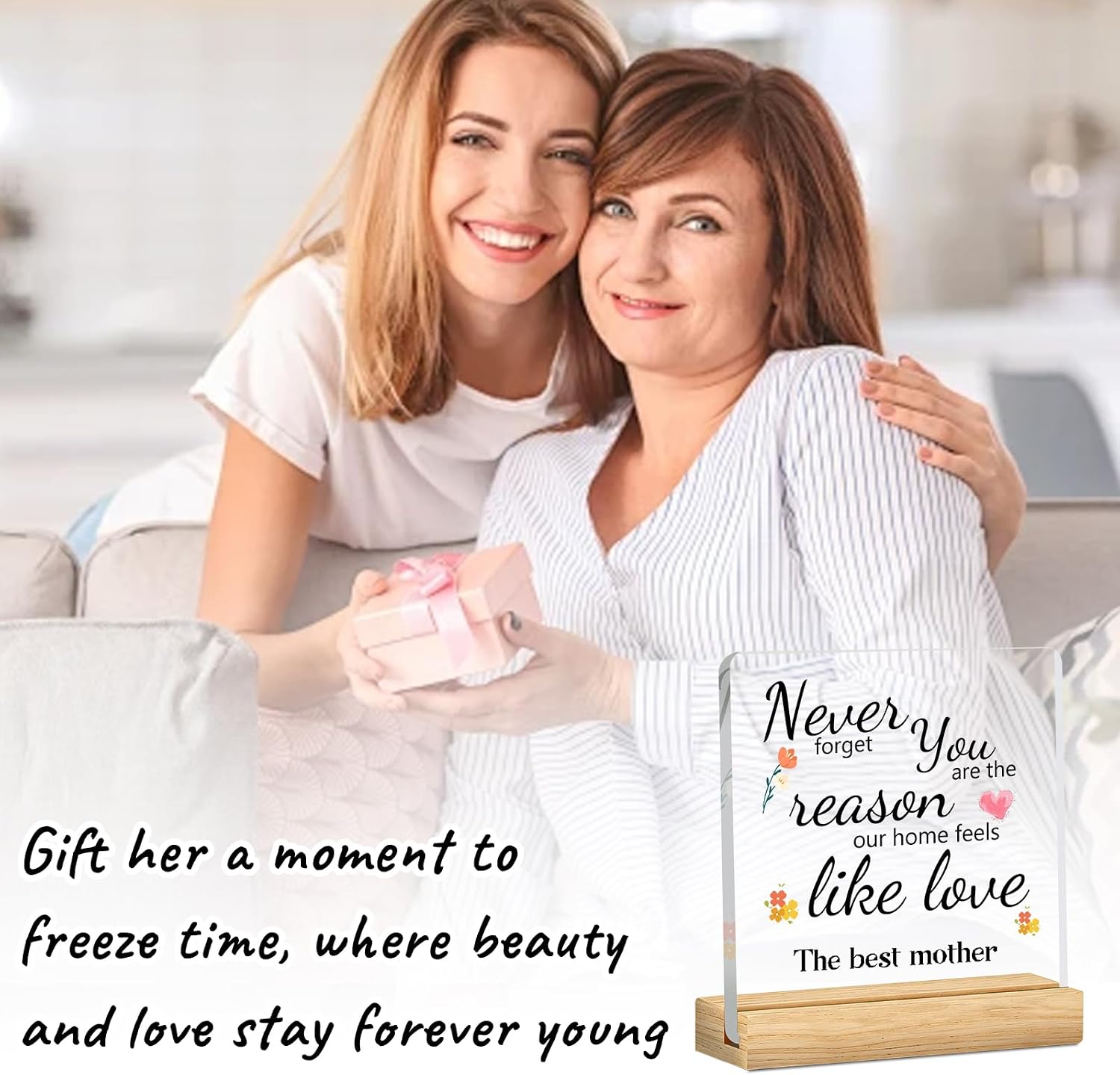 Gifts for Mom - Soulful Acrylic Plaque with Natural Wood Stand - Heartwarming Watercolor Floral Mothers Day Gifts from Daughter Son - Meaningful Birthday Gift for Mom, Desktop Decor for Home Office, 4x4in image 2