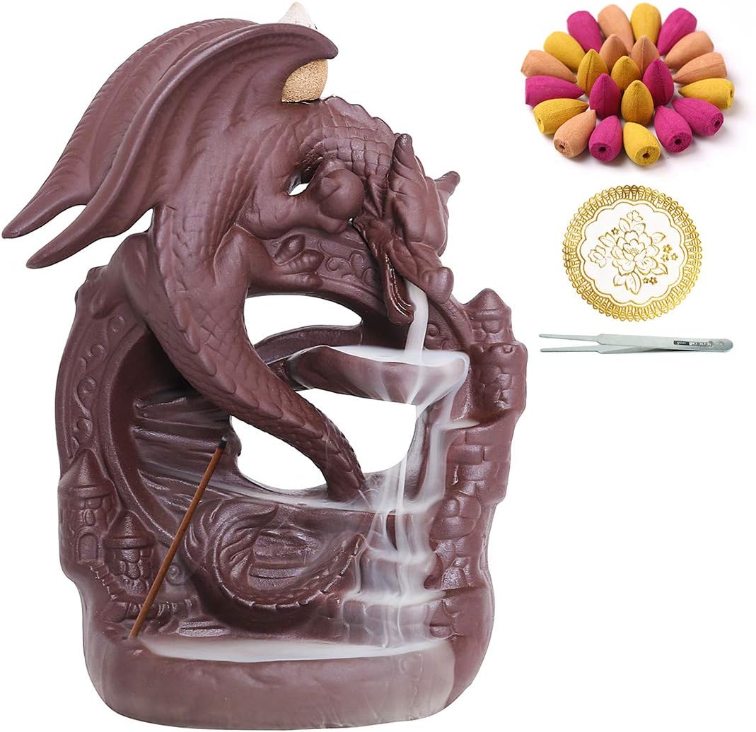 INONE Ceramic Dragon Incense Burner with 100 Cones, Waterfall Backflow Incense Holder, Aromatherapy Ornament, Zen Decor, Home Decor, Room Decor