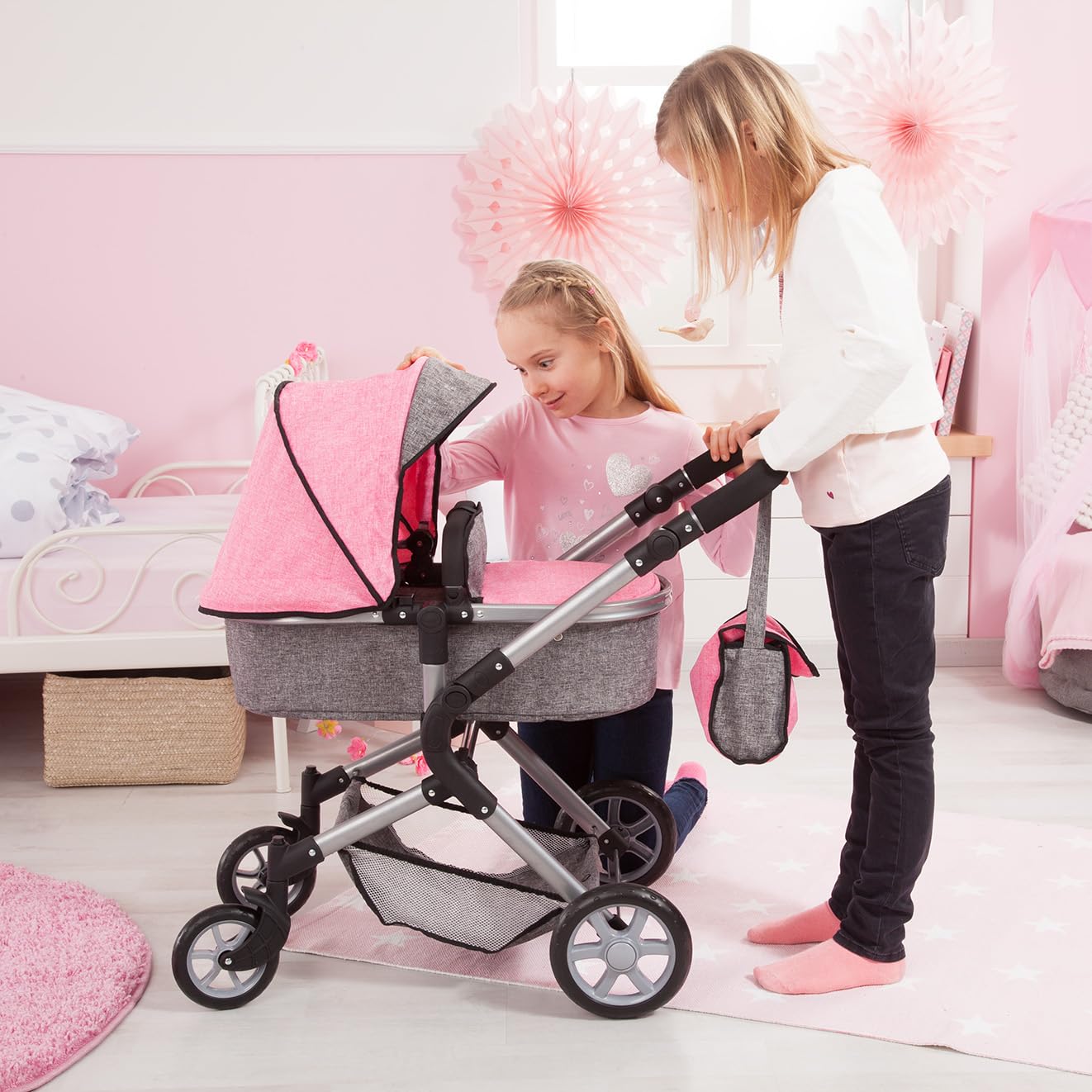 Bayer Design 18125Aa - Cochecito de Muñecas City Neo, Convertible, Rosa, Gris | convertible, con bolsa, rosa, gris