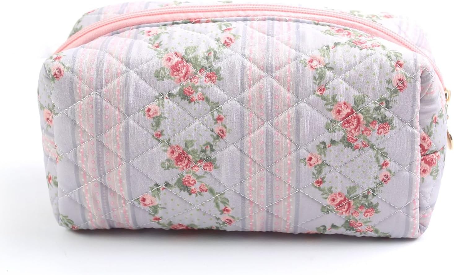 Floral Makeup Bag, Cute Quilted Makeup Toiletry Bag, Zipper Cosmetic Pouch, Daily Travel Use Skincare Bag, Multipurpose Organizer Bag (2Pack Pink + Blue), CS004