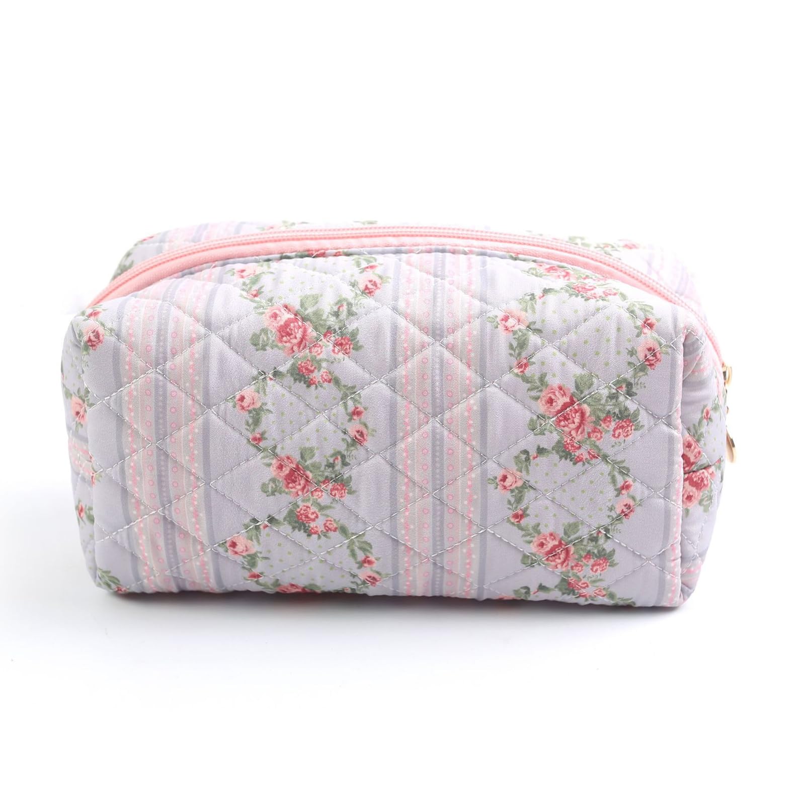 TJJII Floral Makeup Bag, Cute Quilted Makeup Toiletry Bag, Zipper Cosmetic Pouch, Daily Travel Use Skincare Bag, Multipurpose Organizer Bag (Sky