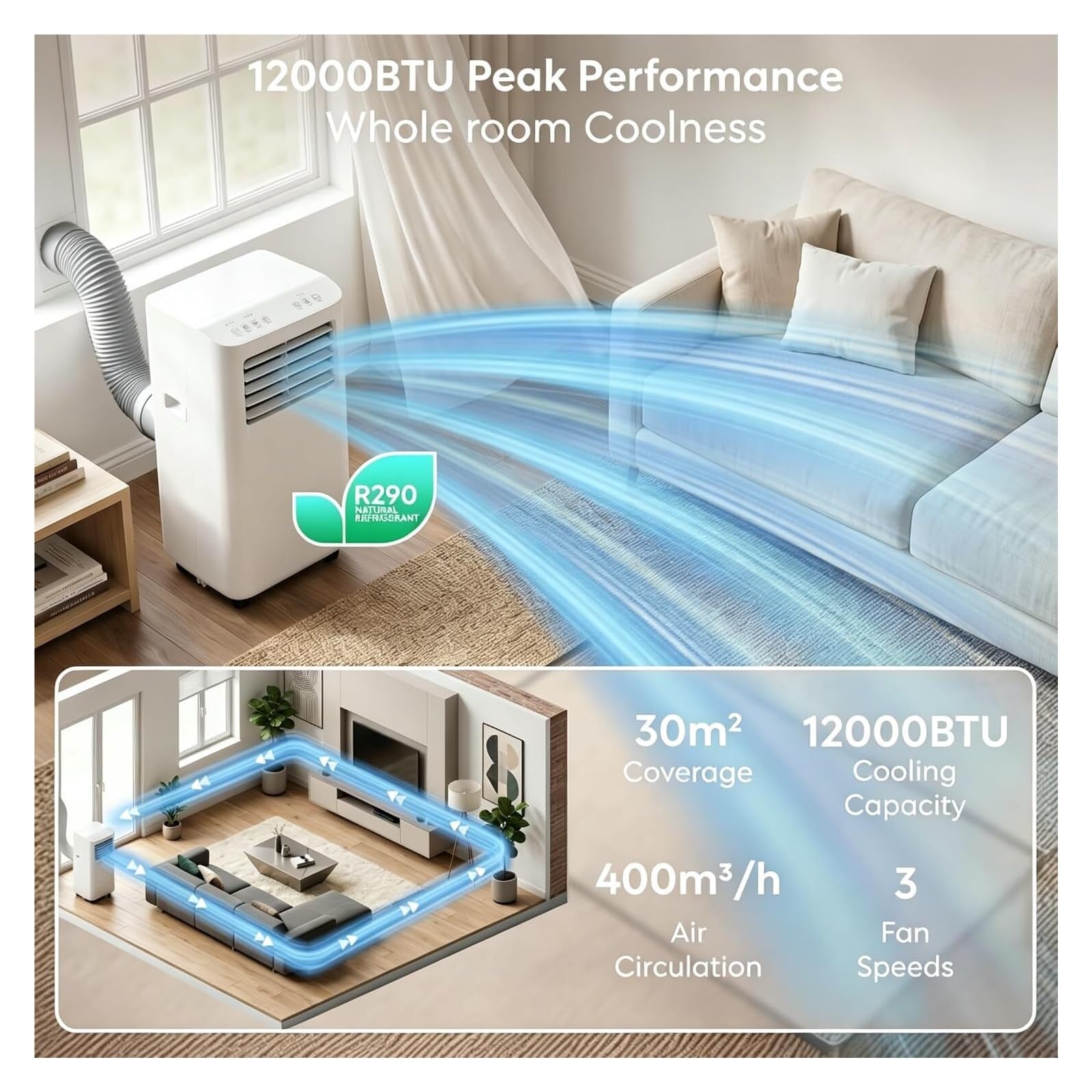 12000 BTU Portable AC z timerem, osuszacz wentylatora 4 w 1 do pomieszczeń do 30sqm, energooszczędny mobilny klimatyzator z zestawem wydechowym do biura w sypialni