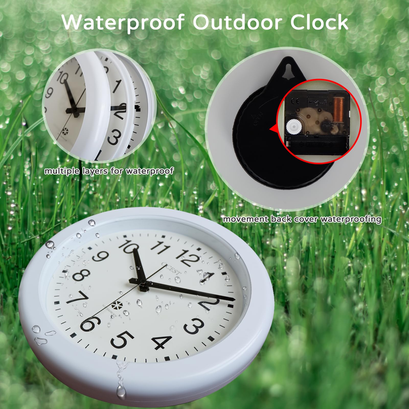 Stille Kwarts Klok Niet Tikken OCEST Waterdichte Buitenklok 30 Cm | Stil, Niet-Tikkend | Voor Tuin, Terras & Zwembad | Batterij Aangedreven (AA) Buiten Wandklok Groot 30 Cm Stil Niet Tikkend Weerbestendig
