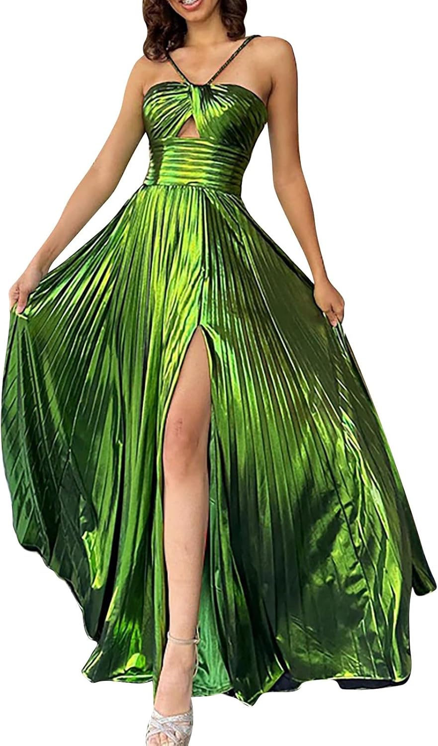 GOKKILRW Womens Luxury Metallic Maxi Dress Adjustable Spaghetti Straps Sleeveless Elegant Pleated Sparkly Party Evening Gown