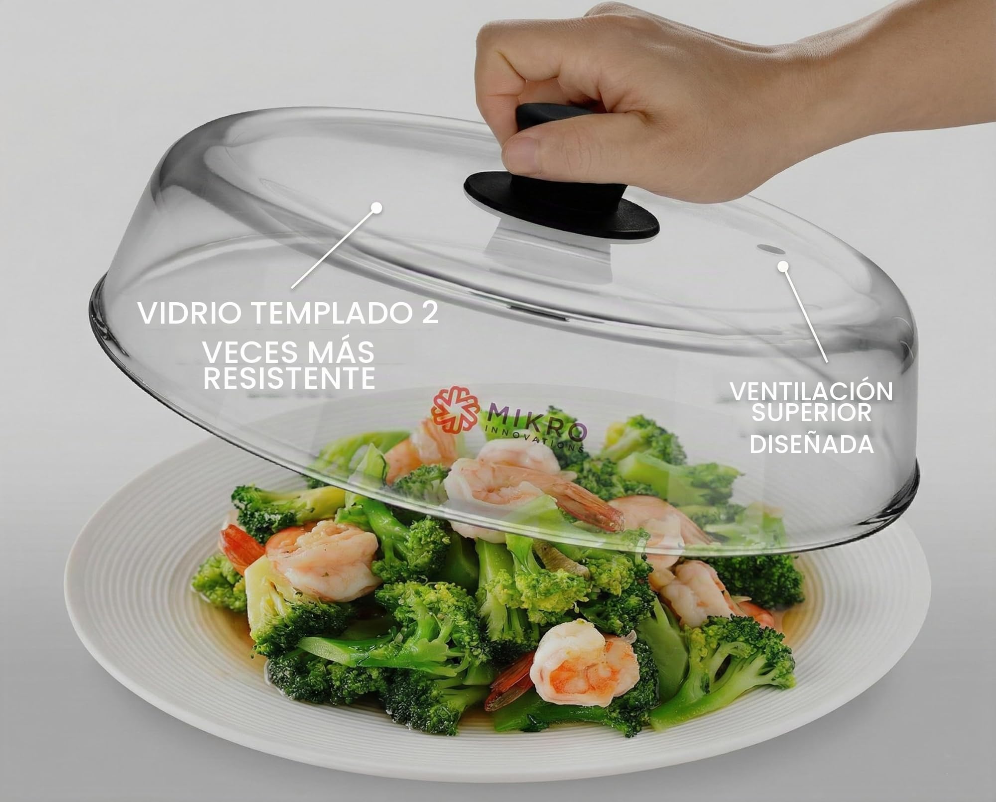 Cubierta de placa de vidrio para microondas para alimentos, resistente protector de salpicaduras de vidrio de borosilicato con agujero de ventilación, 100% apto para alimentos, sin BPA, perilla de