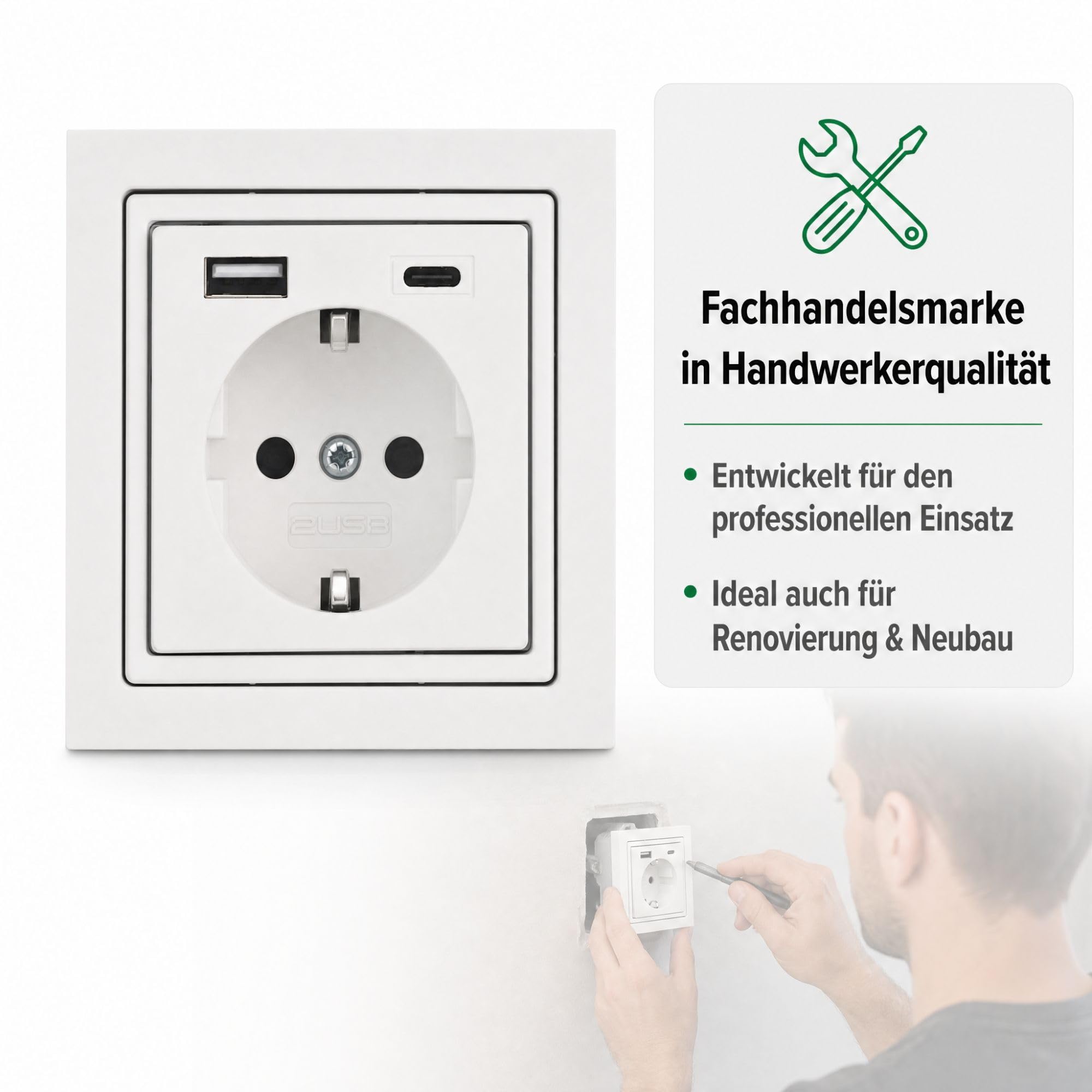 USB-Steckdose chargeMax unter Putz USB-A + USB-C mit Rahmen Ausführung 2USB, Tiefe nur 32mm, Set mit Abdeckung Busch Jaeger Future studioweiß glänzend