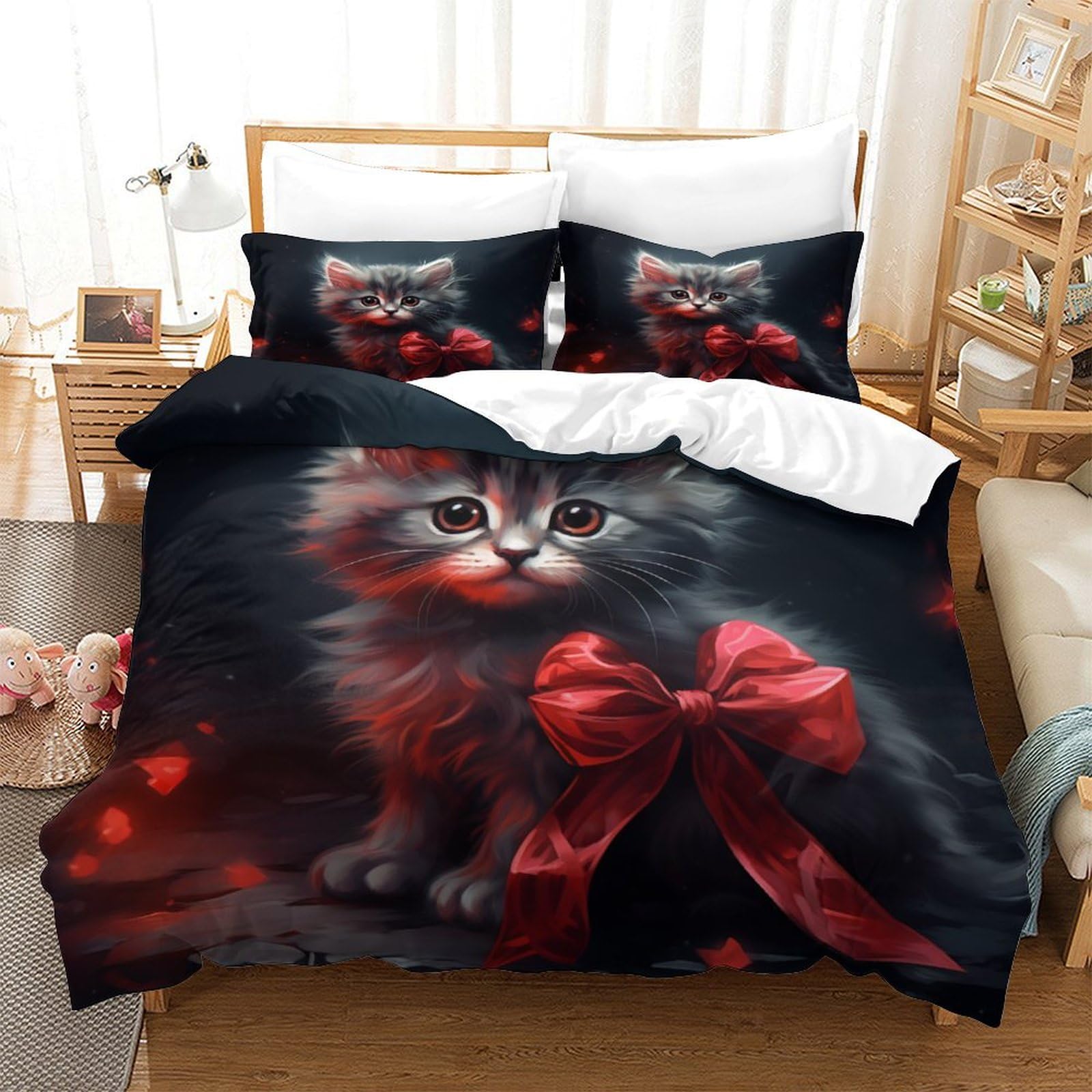 P1S9U7W5Y Charming Cat Bow 3D Printed Duvet Cover Set 3 Pieces Microfiber Bedroom Decor Cat Bedding Set for Adults Teens Double（200x200cm）