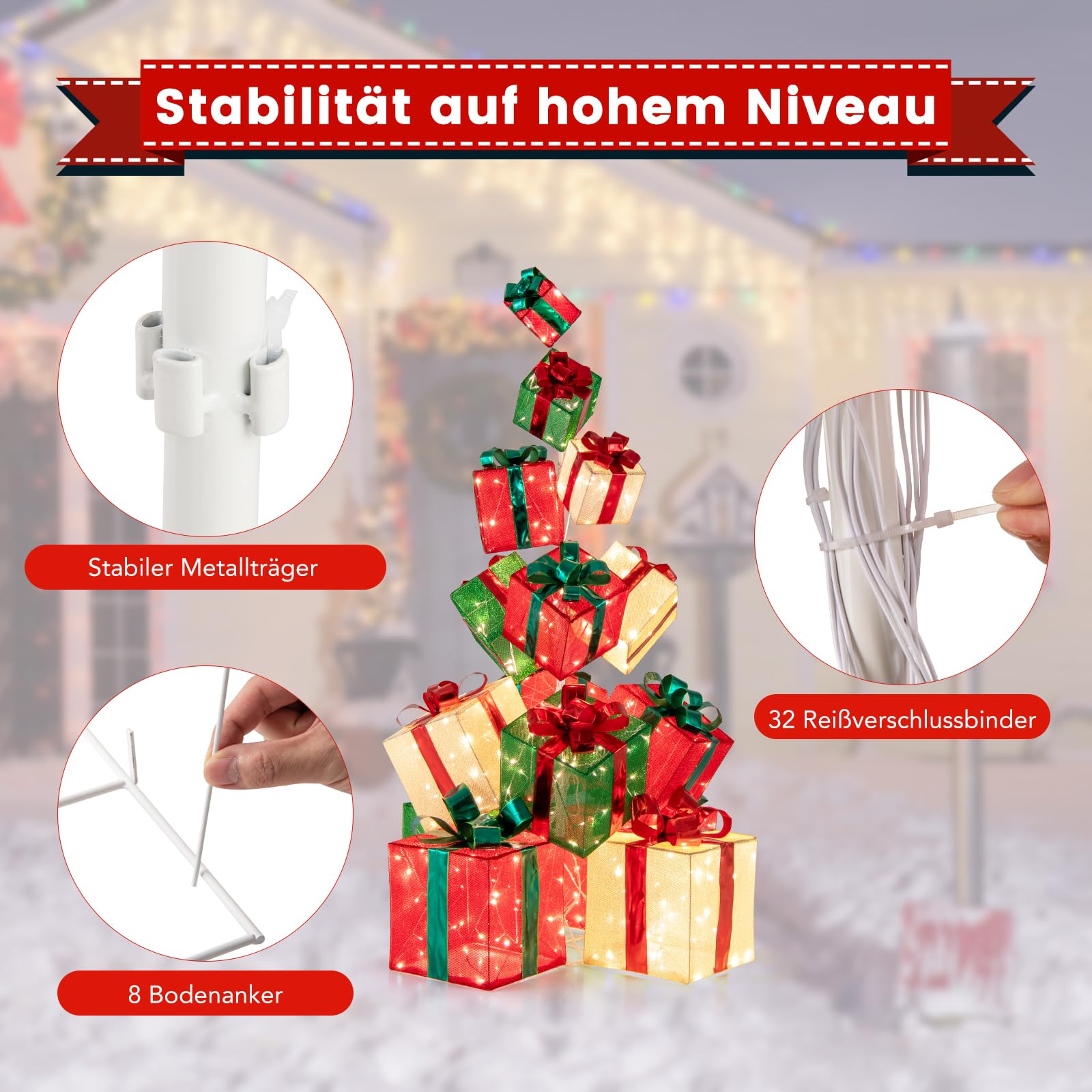 GOPLUS 15er Set LED Geschenkbox, 170cm Weihnachtsboxen Deko stapelbar mit 450 Lichtern, beleuchtete Weihnachtsdeko mit Schleifen & Metallständer für Weihnachtsbaum Zuhause Schaufenster Gartenrasen
