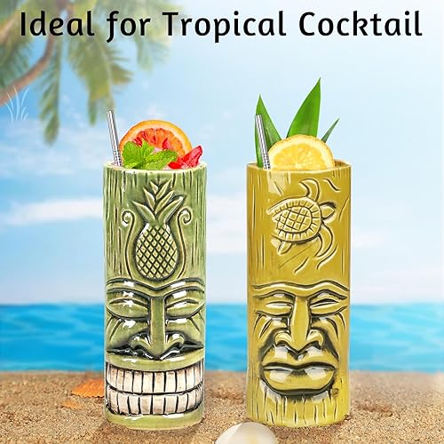 Miniatura 3 de SuproBarware Tiki - Juego de 2 tazas Tiki para cócteles, tazas de cerámica para fiestas Tiki con posavasos para decoración de bar, juego de tazas