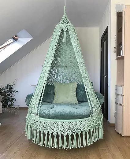 Aayan Macrame Bohemian Handmade Macrame Cotton Rope Iron Frame Balcony Swing Chair in Parrot Green for Adults and Kids (Pack of 2)