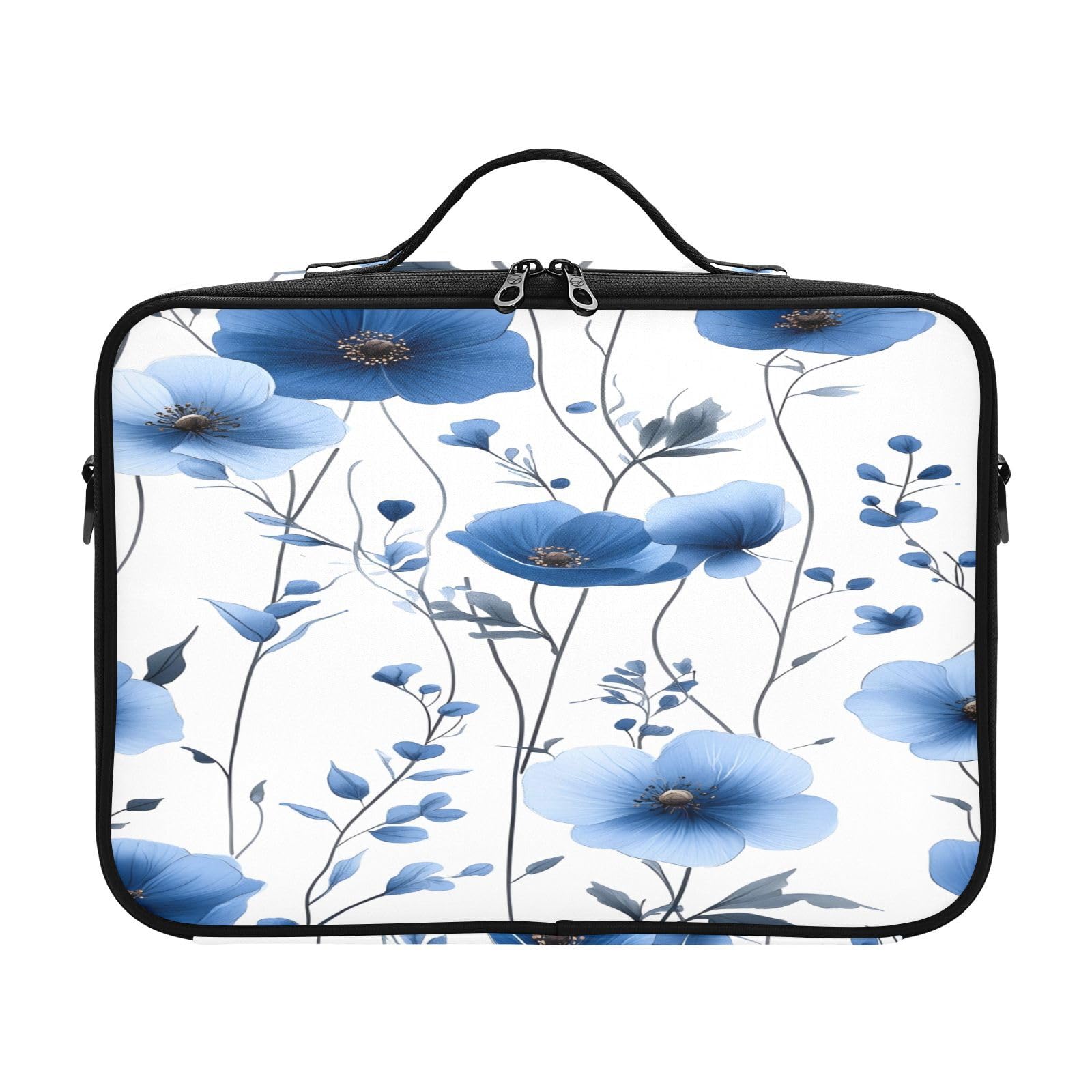 zyrtty Travel Makeup Train Case Blue Flowers Leaves Pattern Cosmetic Organizer Portable Storage Bag with Adjustable Dividers for Cosmetics Brushes Toiletry Jewelry Digital Accessories