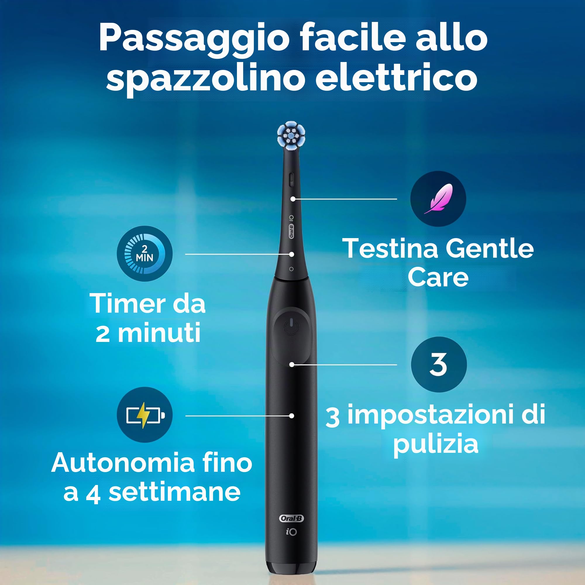 Oral-B iO Simple Clean - Spazzolino da denti elettrico ricaricabile, con 1 testina delicata e 1 custodia da viaggio nera, sensore automatico di pressione per proteggere le gengive, 3 modalità, timer