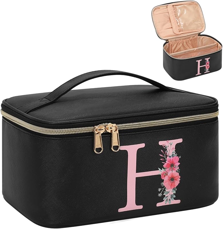 Necessaire de maquiagem OCHEAL preta com monograma e porta-pincéis, Pacote com 1