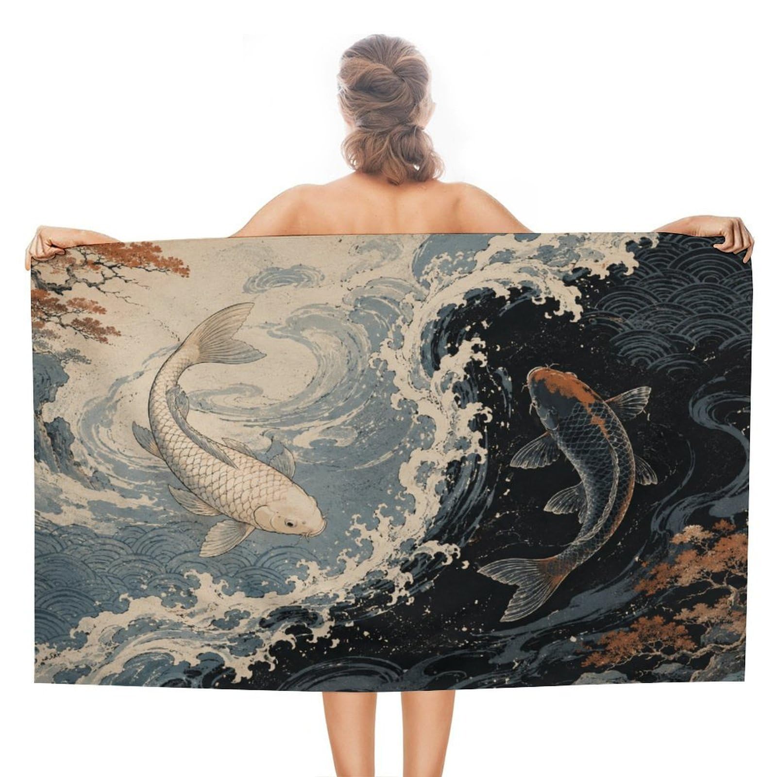 Anceky Yin Yang Koi Fish Wave Oversized Beach Towel Quick Dry Sand Free Microfiber Travel Towel Lightweight Multi Purpose Beach Blanket Pool Gym Bath Towel 51x31 in