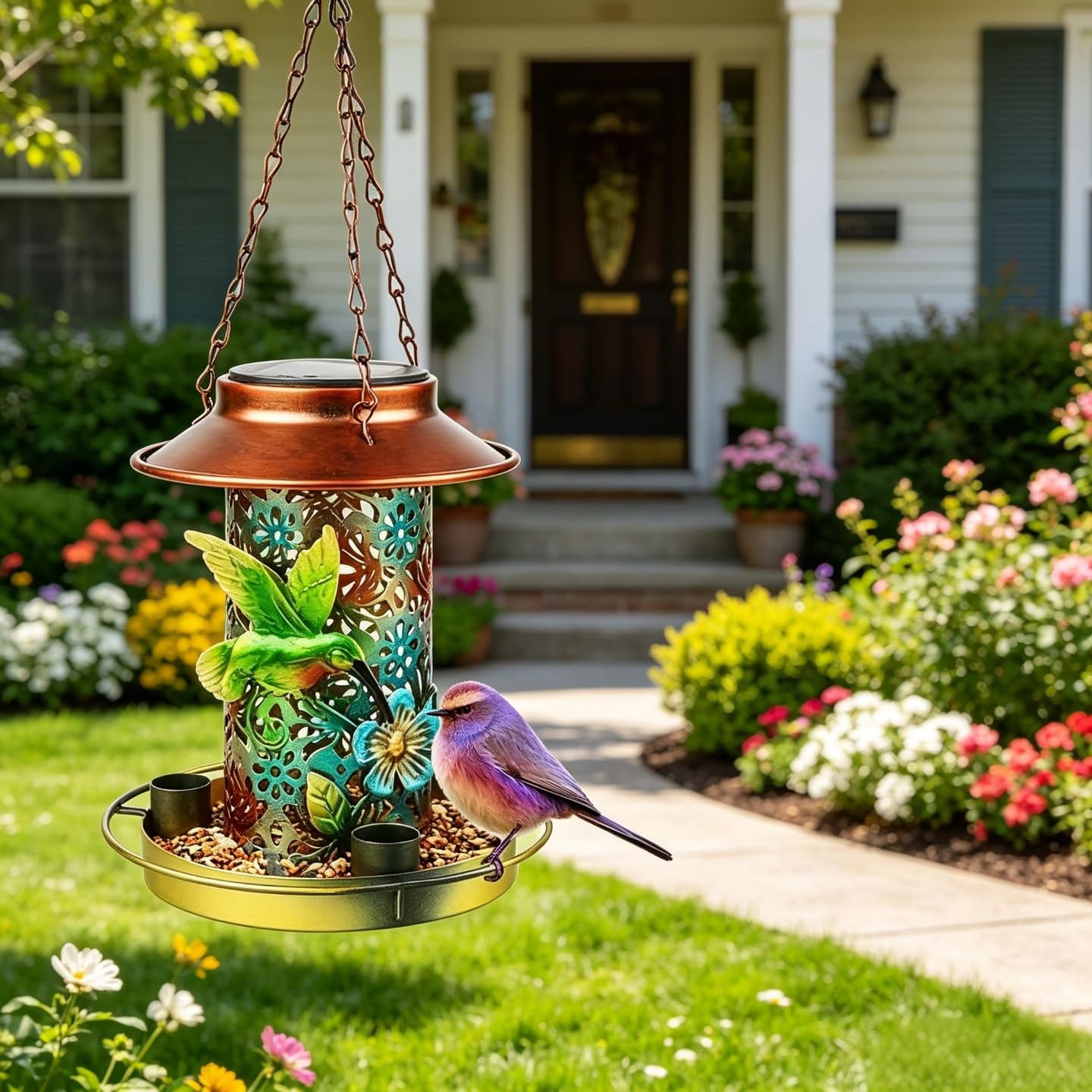 Mangiatoia solare per uccelli per esterni, in metallo resistente, da appendere, con luce per giardino, cortile, esterno, regalo decorativo a forma di lanterna unica