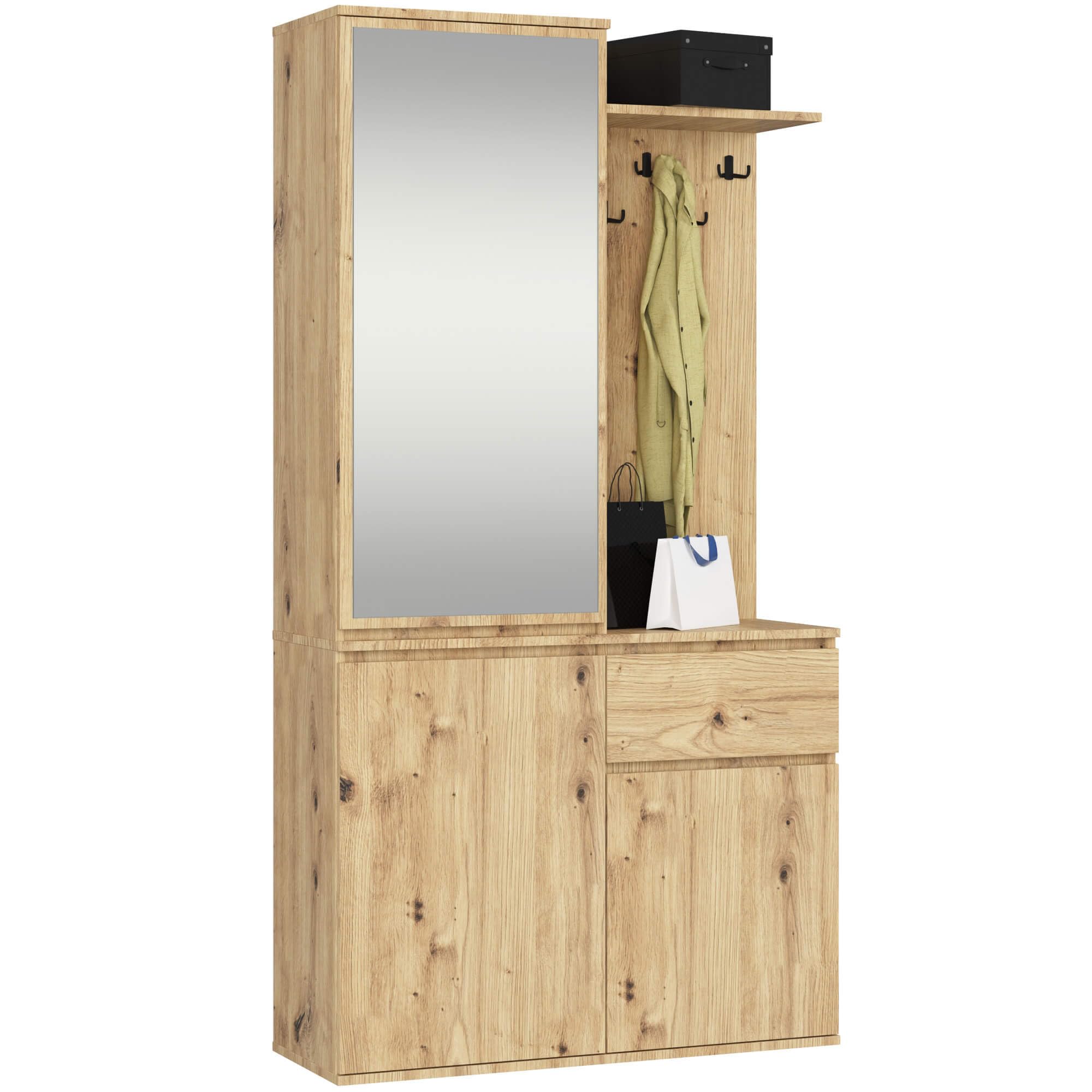 AKORD Mueble Recibidor con Espejo - 95 cm 3 Puertas, 1 Cajón, 7 Estantes para Zapatos y Bolsos - Entraditas Recibidores Modernas y Estilo Industrial - Roble Artesanal
