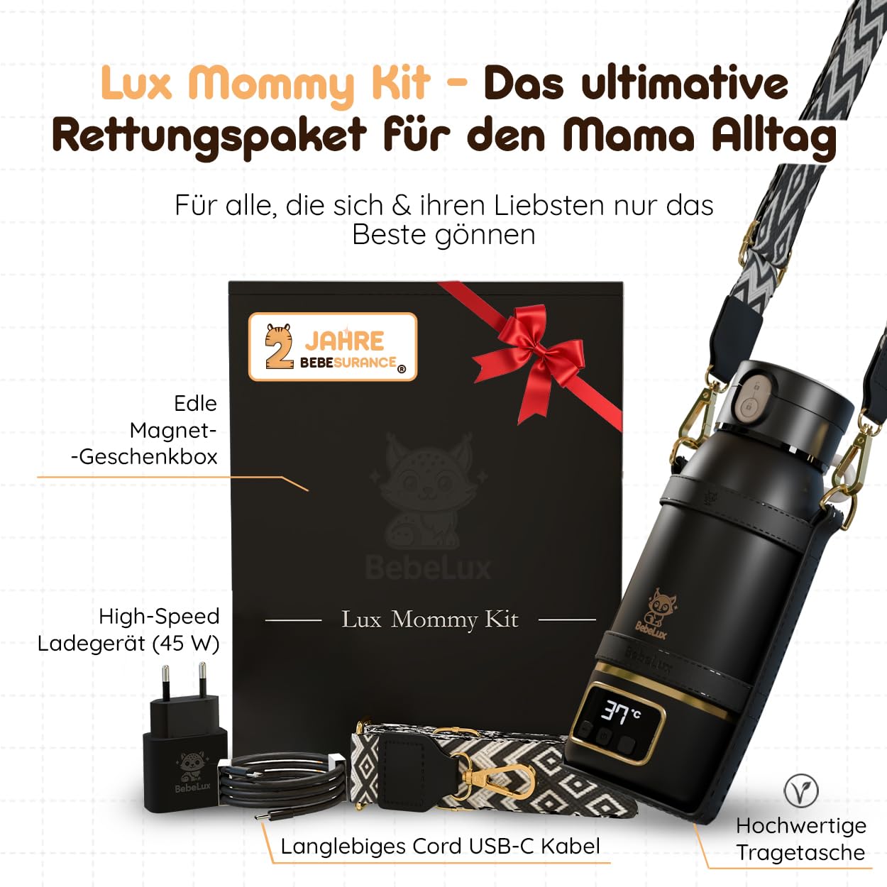 BEBELUX V2 Lux Mommy Kit Babyflaschenwärmer – Die ultimative Geschenkbox für dich & deine Liebsten |In 2 Min perfekt temperiert| 15 Flaschen pro Ladung | BPA-Frei & Sterilisation bis 100 °C (Schwarz)
