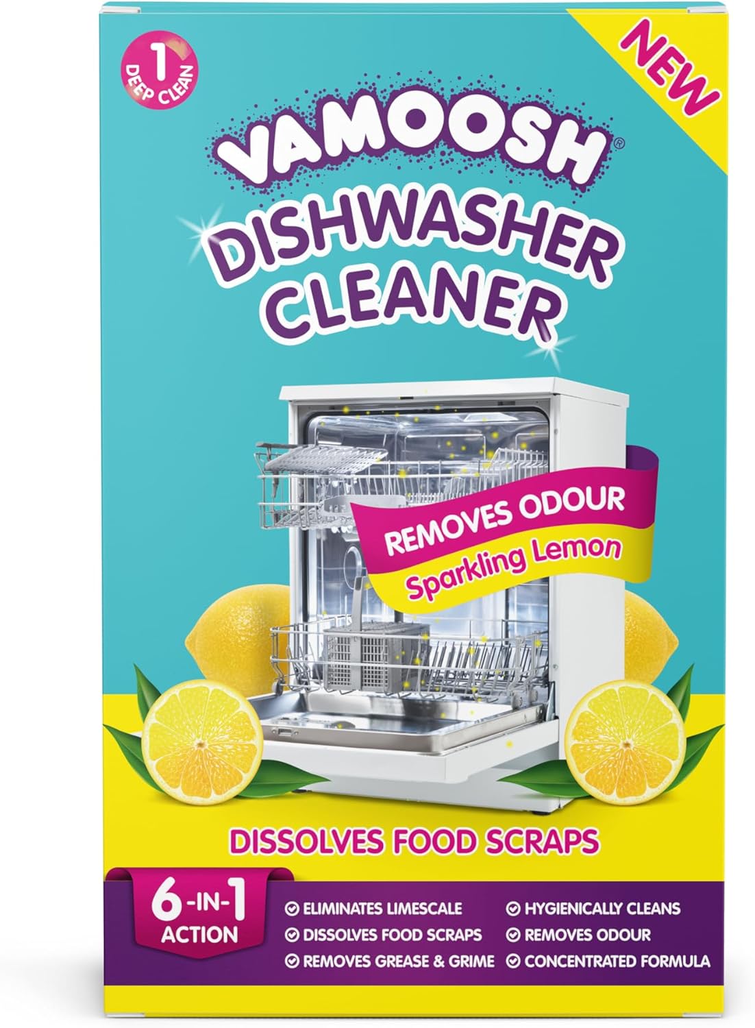 Vamoosh 6-in-1 Dishwasher Cleaner | Natural Citric Acid Cleaning Formula | No Limescale Removal | Grease Elimination | Eco-Friendly | Made in the UK | 100g (Pack of 8)