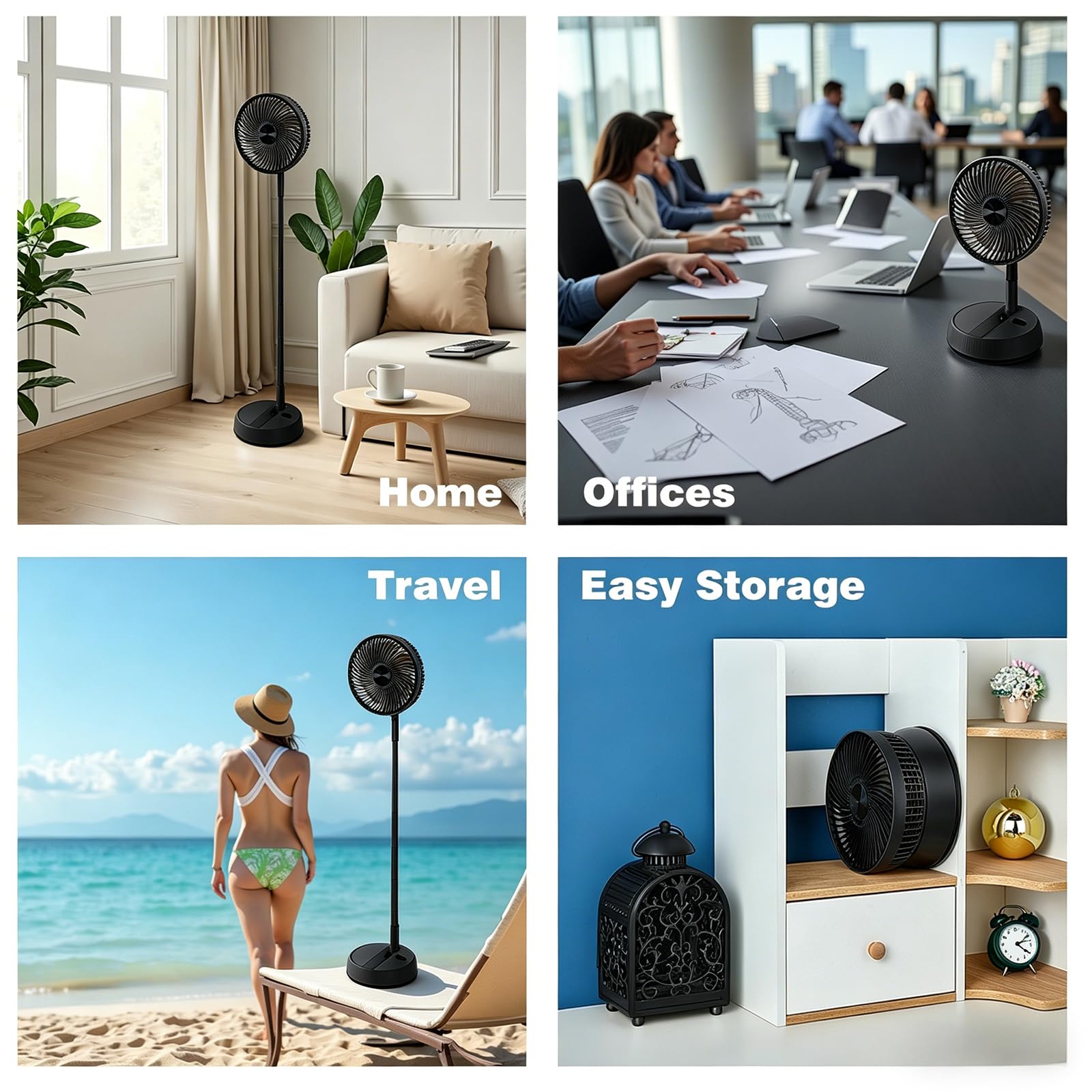 Ventilador de pie oscilante portátil, ventilador de pie plegable de 8 pulgadas, batería recargable de 7200 mAh, ventilador de mesa USB, altura ajustable, 4 velocidades, silencioso, con