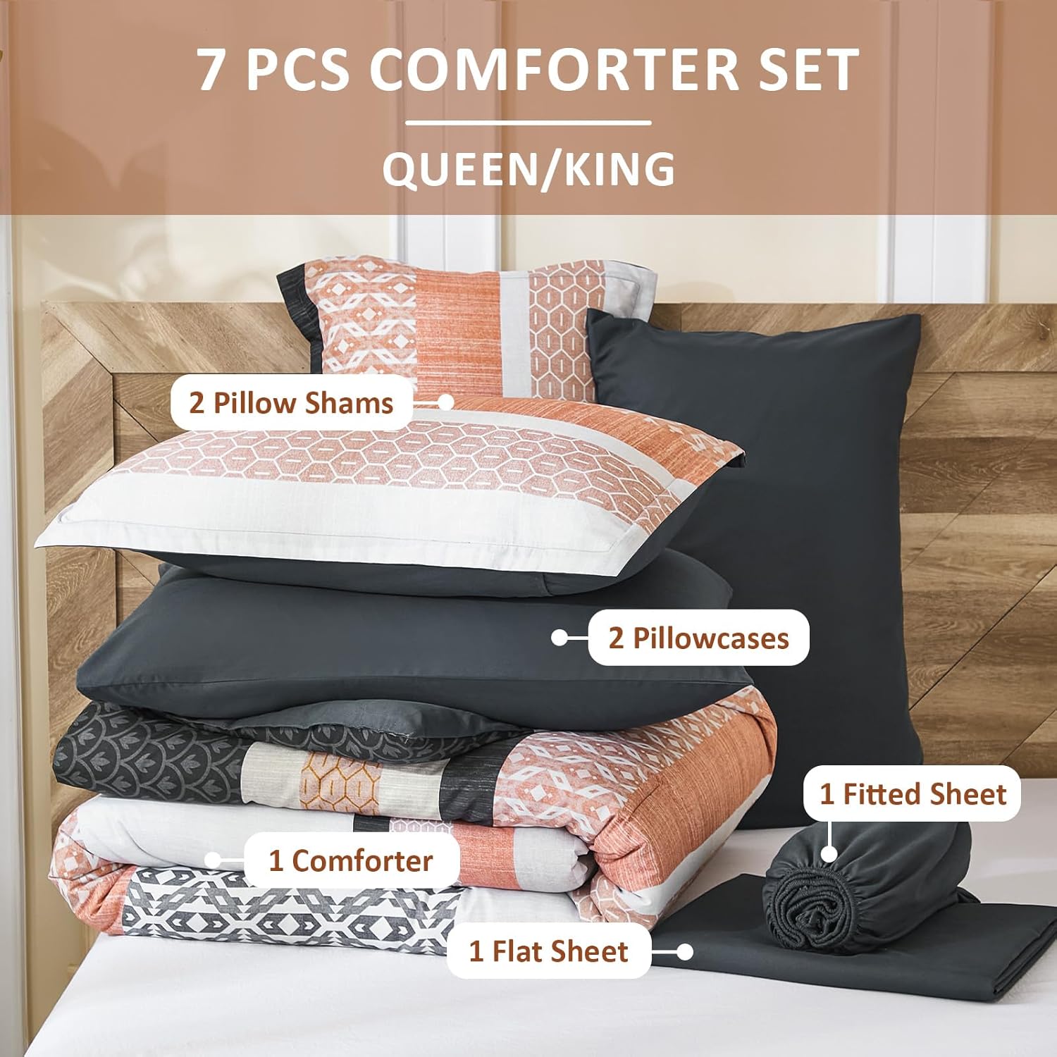 DJY King Size Comforter Set,Boho Striped Bedding Sets,7 Piece Orange Patchwork Soft Microfiber Comforter Set for All Season(90"×90")