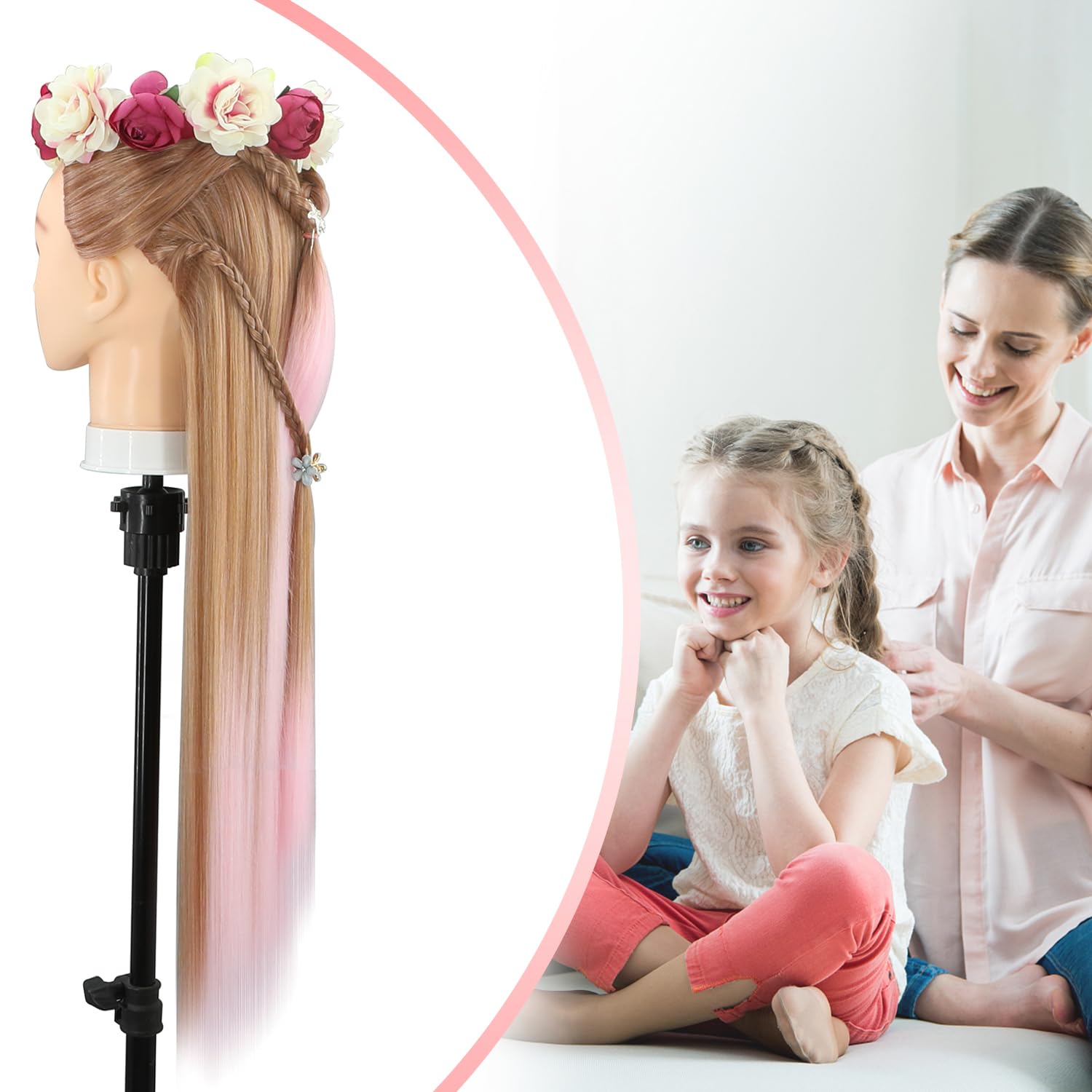 Trainingsköpfe, 28 Zoll Frisierkopf für Friseure, 100% Kunstfaser Haar Übungskopf, mit DIY Strickset und kostenlosen Tischklammern (30-Pink)