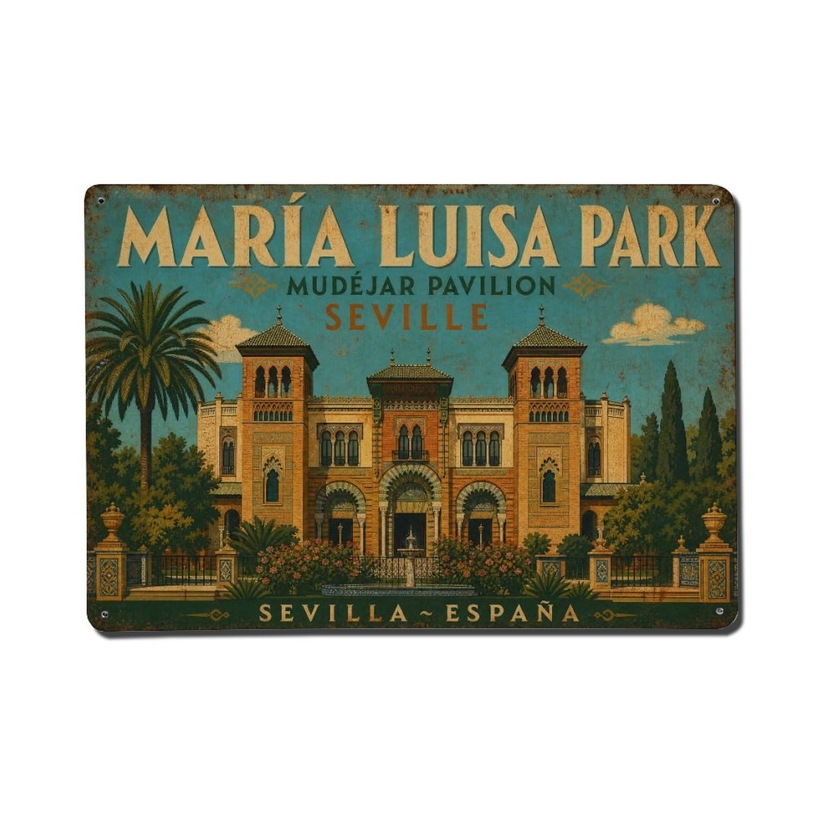 Vintage Maria Luisa Park Pavilion Mudejar Architecture Spain Metal Tin Sign