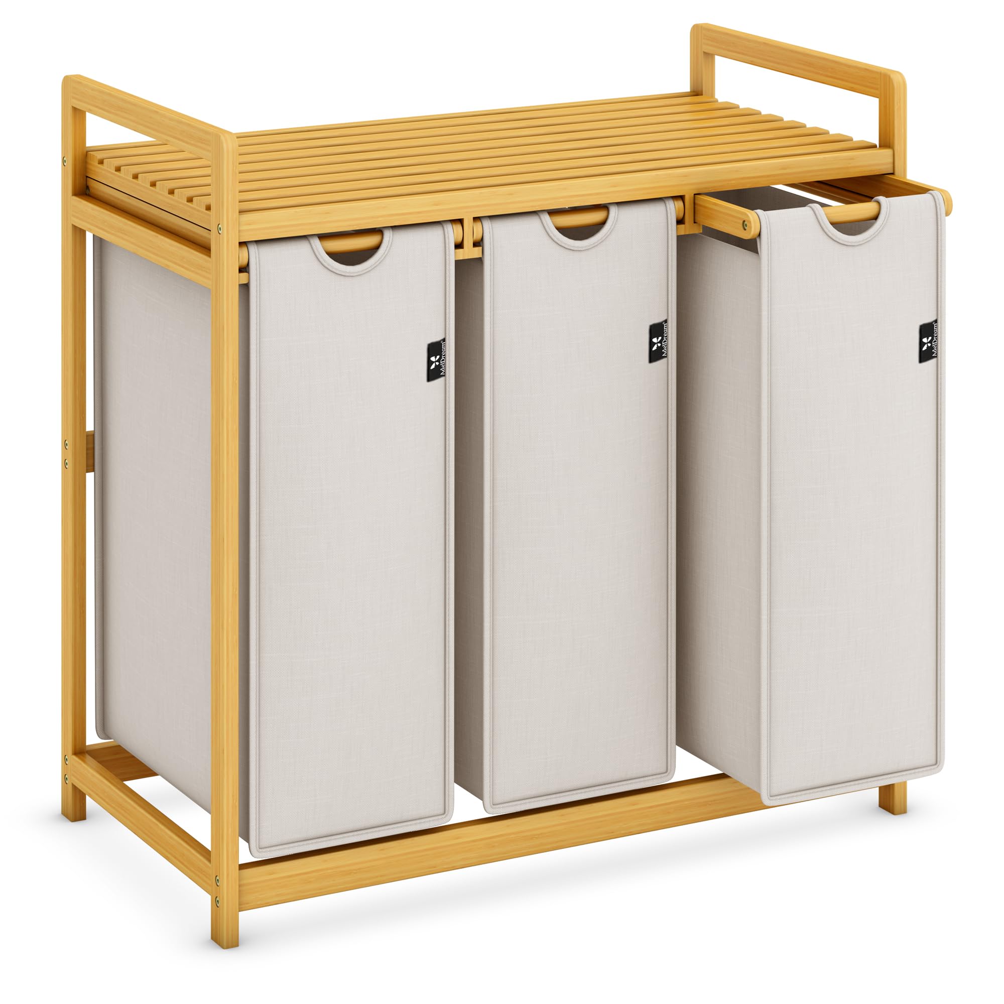 AdelDream Premium Wäschekorb 150L – 3 Fächer & 2 Regale, Ausziehbarer & Abnehmbarer Wäschesack mit Bambusrahmen, Hellgrau – Wäschesammler, Wäschebox & Wäschesortierer