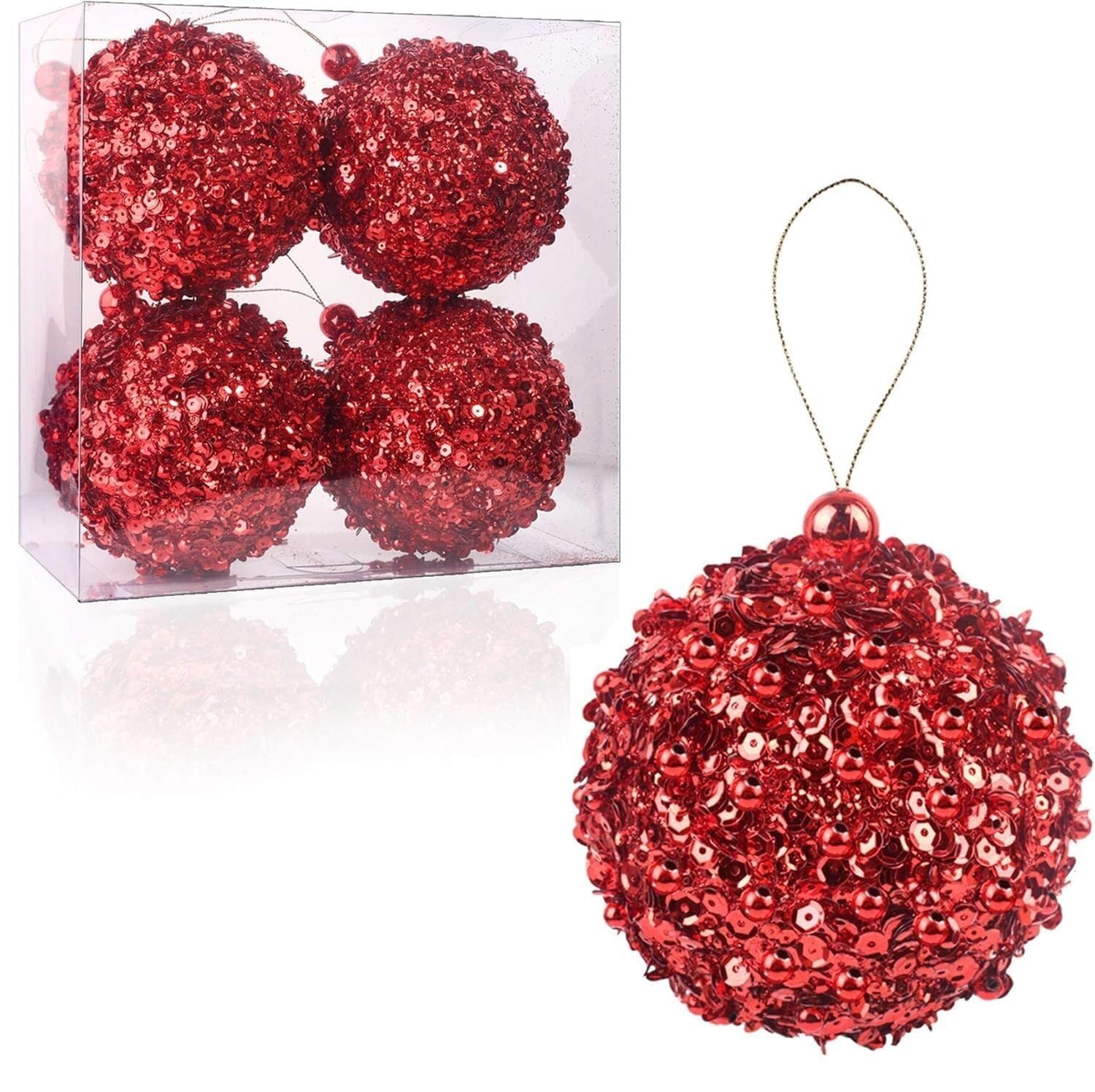 Christbaumkugeln, 4er-Pack Weihnachtskugeln, Weihnachtsdekoration for Hochzeiten, Partys und Feiertage(Red,10cm)