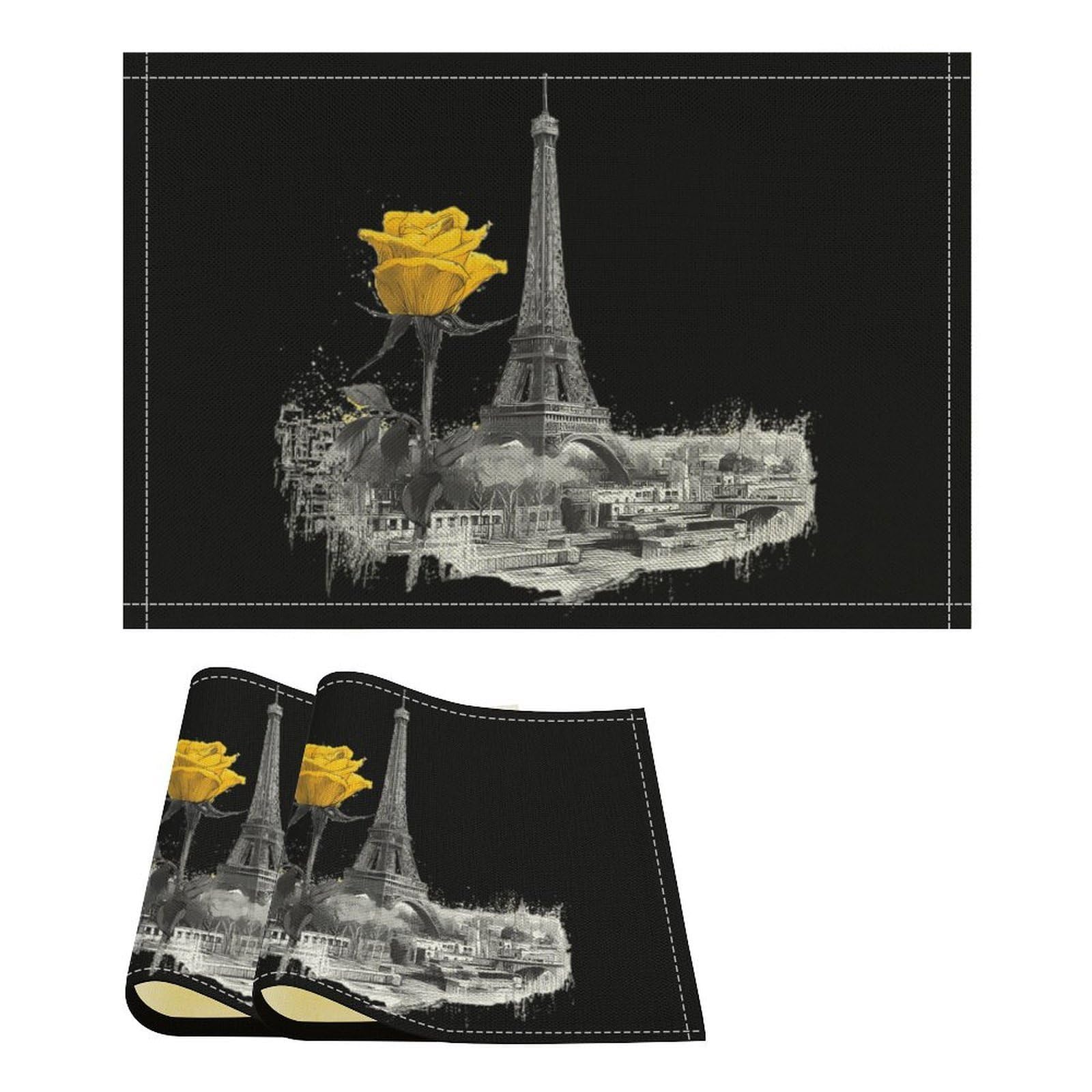 Eiffel Tower Nd Yellow Rose Funny Linen Placemats Heat Resistant Table Mats for Dining Kitchen 18 X 12 Inch