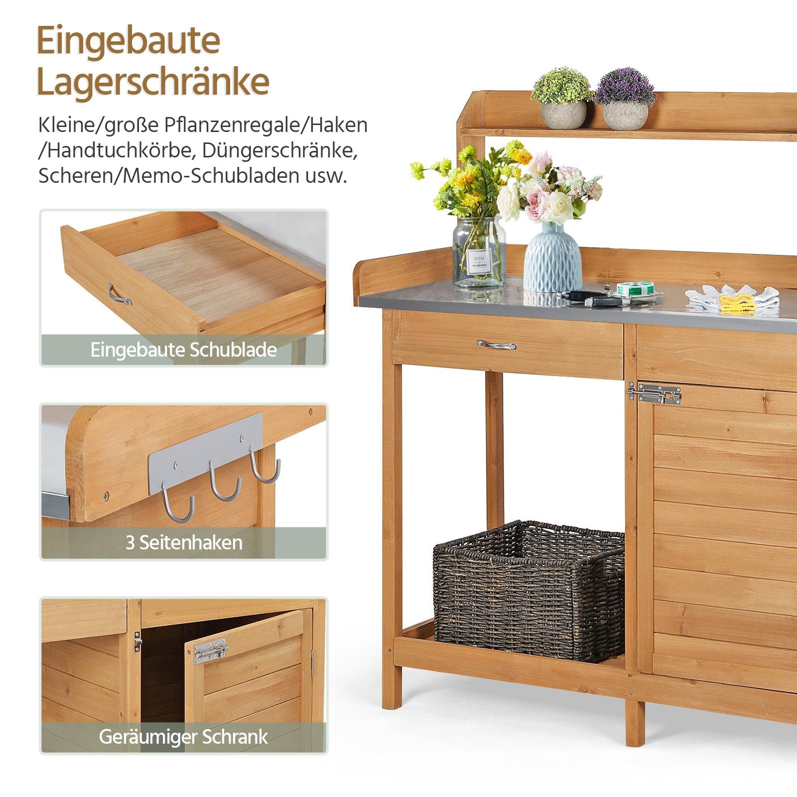 Yaheetech Pflanztisch mit Schubladen & Unterschrank, Blumentisch, Outdoor Gärtnertisch Holzpflanztisch mit verzinkt Arbeitsplatte, Gartenarbeitstisch Wetterfest, 112 x 46,5 x 125 cm, Holzfarbe